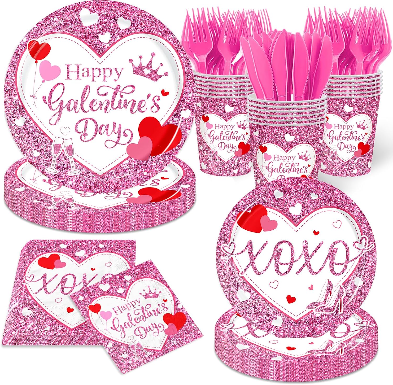 Galentines Day Plates and Napkins Sets, Pink Glitter Galentines Day Decorations includes Happy Galentines's Day Plates and XOXO Napkins, for Girl Lady Galentine Day Party Decorations