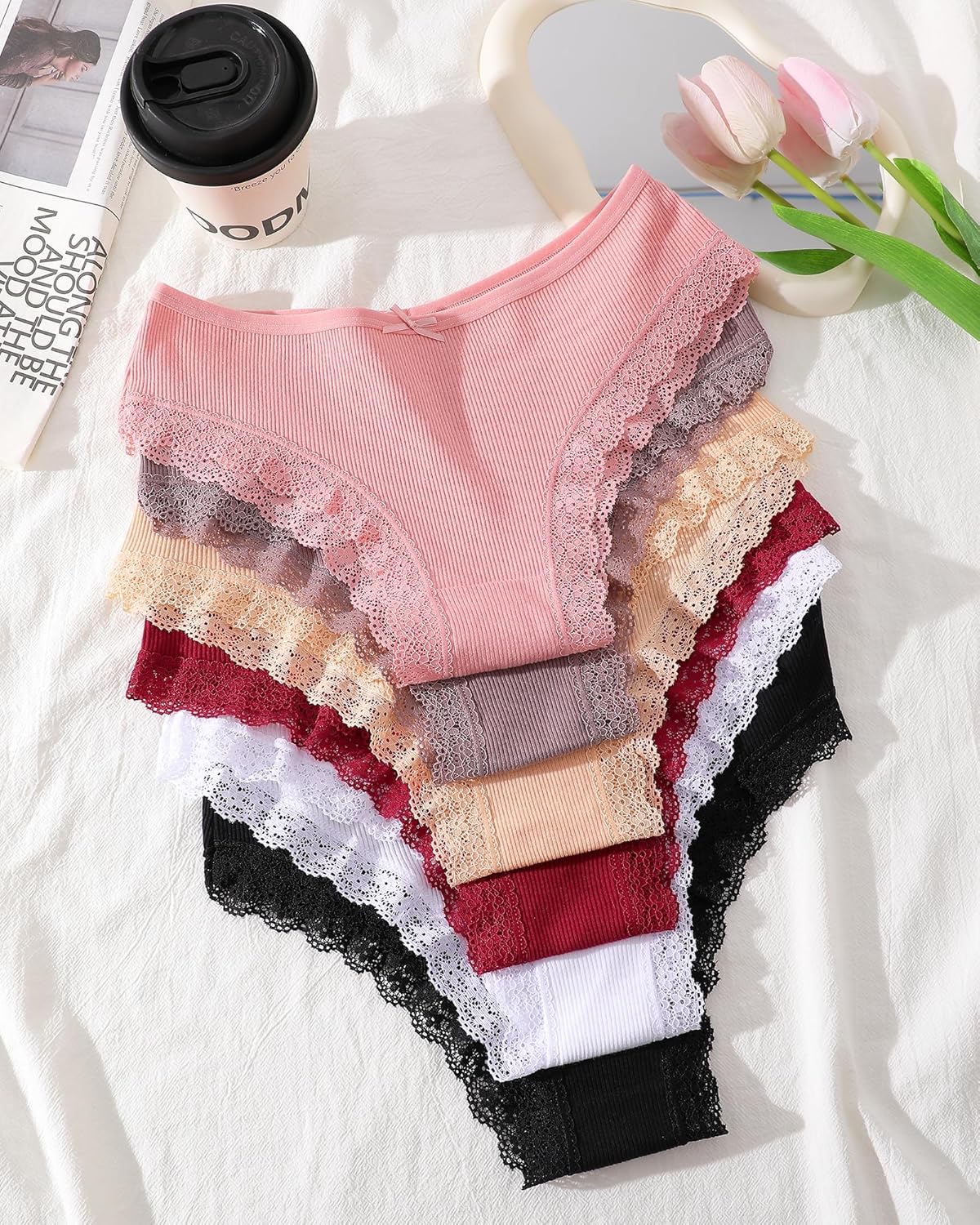 ALL OF ME Women Cotton Underwear Sexy Criss Cross Lace Trim Low Rise Cheeky Bikini Panties 6 Pack - Image 2