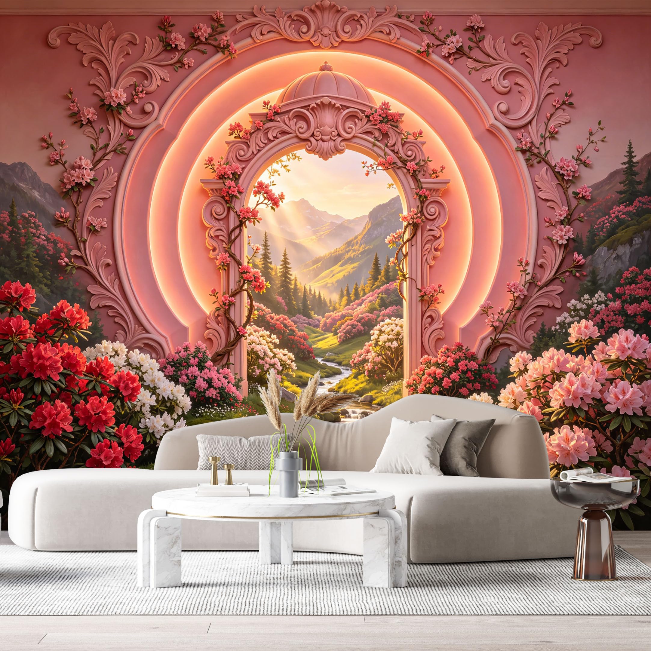 Custom Size Wall Murals Fantasy Landscape Archway Rhododendron Mountain Valley 3D Trompe L'Oeil SelfAdhesiveWall Fabric Removable Wallpaper Wall Decor for Living Room Bedroom Bathroom
