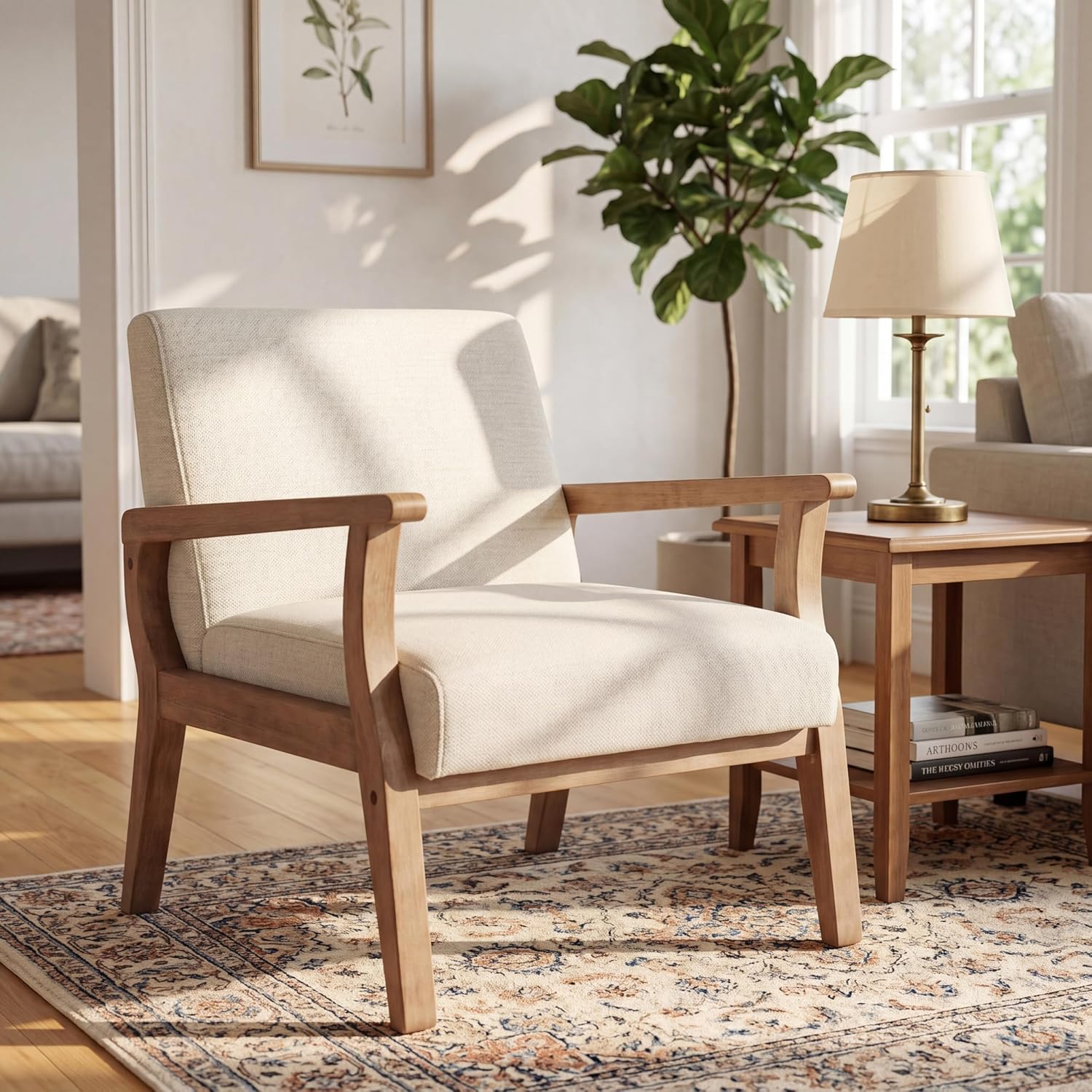HNY Mid Century Modern Chairs - Linen Accent Chairs with Solid Wood Frame - Armchair for Living Room, Bedroom, Office, Waiting Room Beige