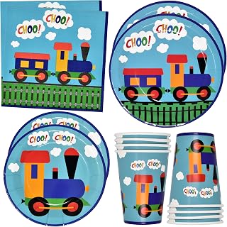 122 Pcs Train Party Supplies Set Paper Plate Cup Napkin for All Aboard Railroad Cars Trains Birthday Disposable Dinnerware Serves 24
