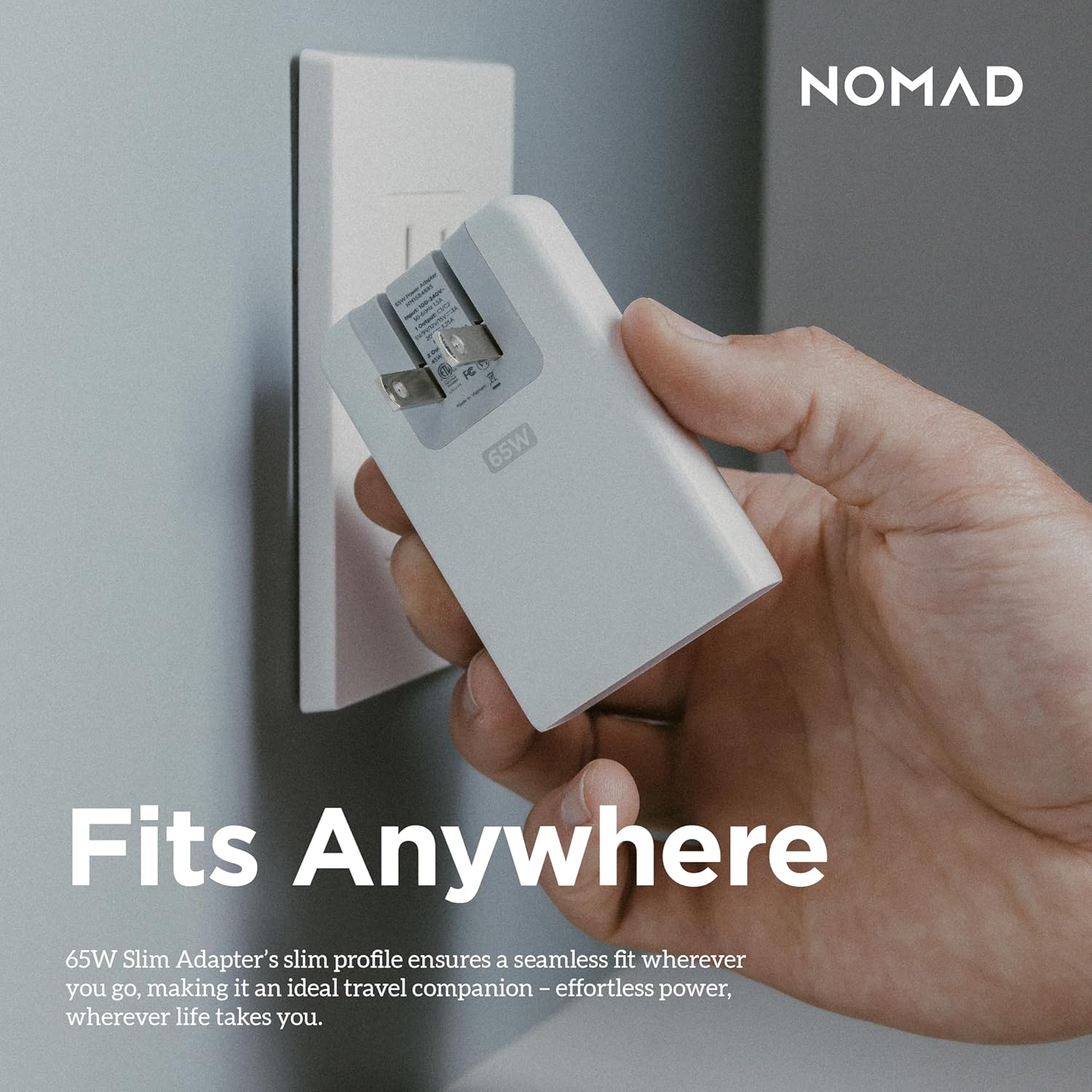 Nomad Slim Power Adapter, Flat Wall Charger with Dual USB C Cable Ports, Slim Block with Fast Charge Ports, Charger Block Flat USB C Plug (White 65W)