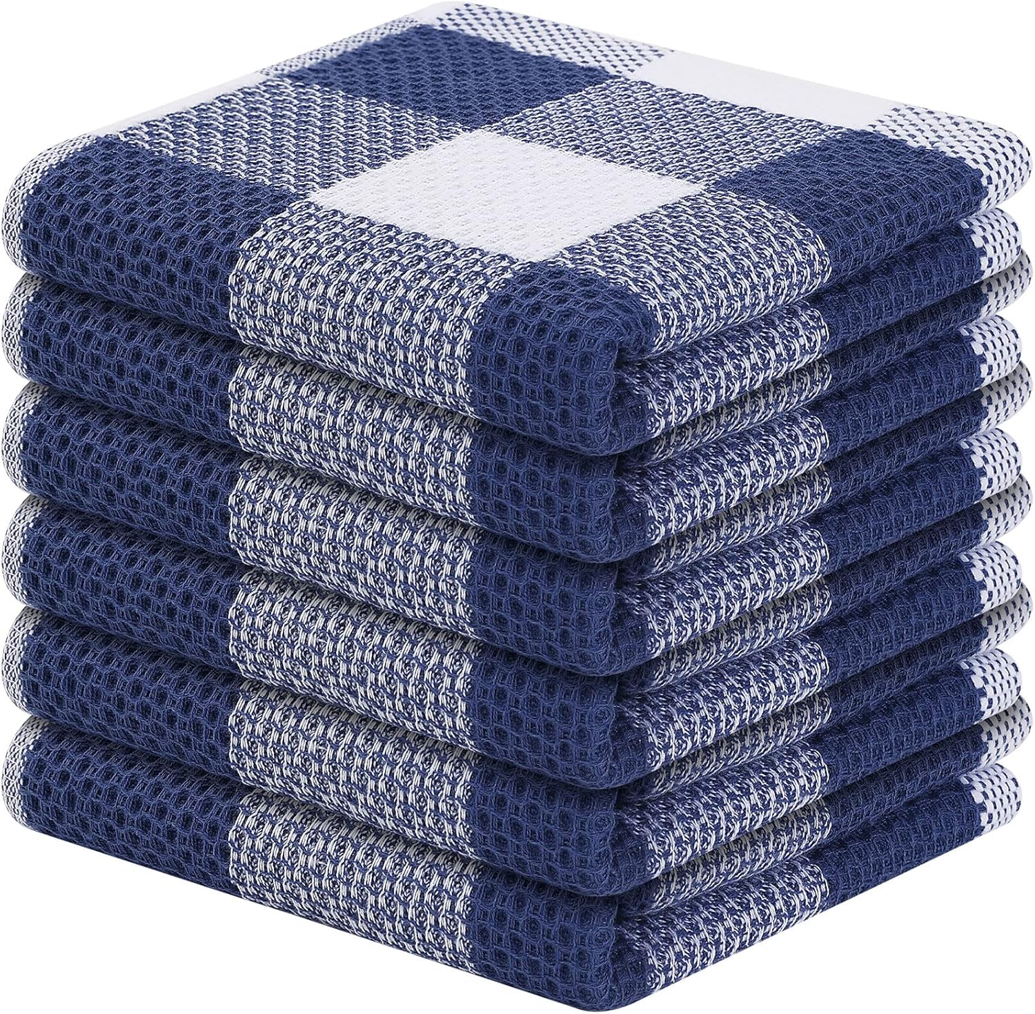 Mordimy 100% Cotton Waffle Weave Plaid Dish Cloths, 12 x 12 Inches, Super Soft and Absorbent Quick Drying Buffalo Check Dish Rags for Kitchen, 6-Pack, White & Navy Blue