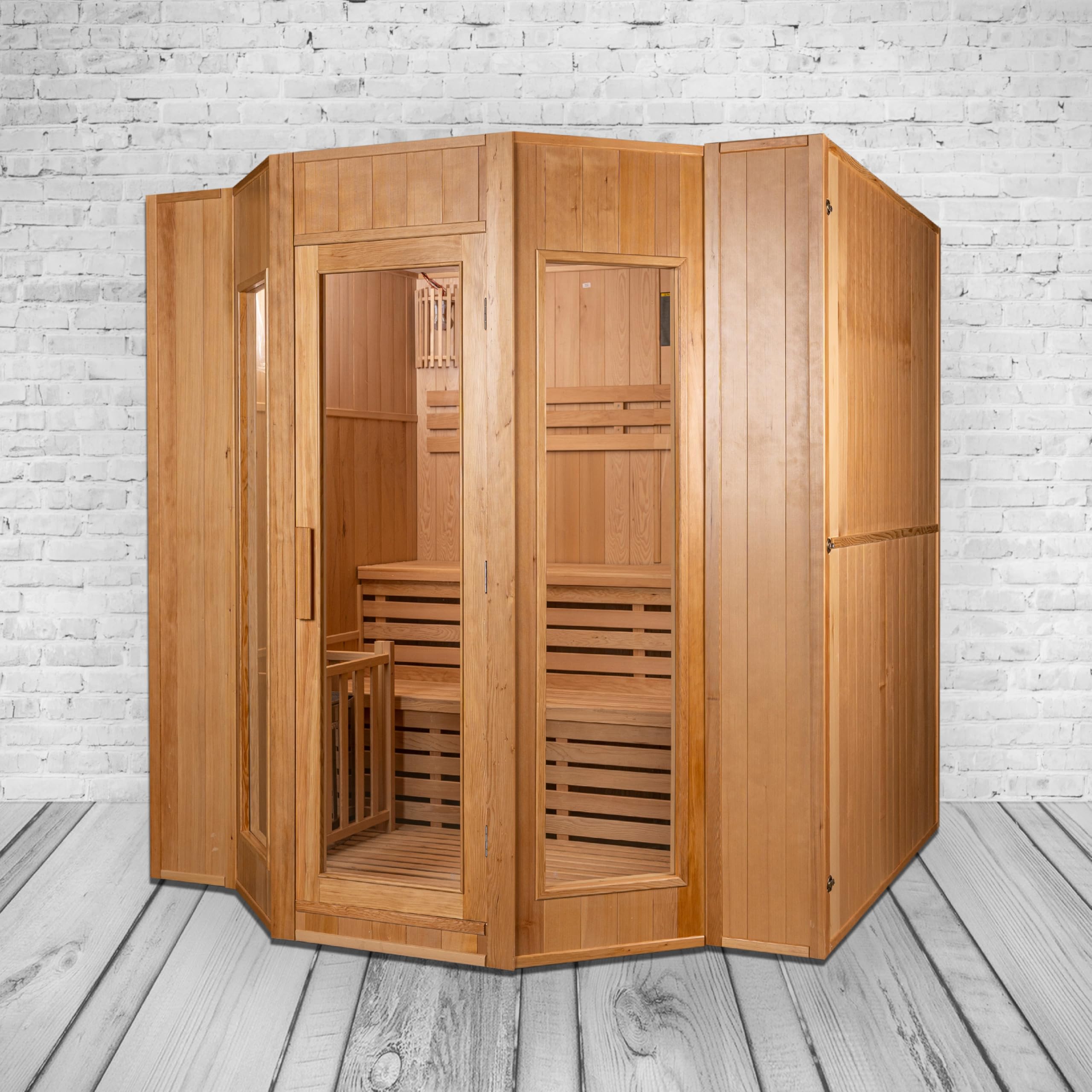 Sauna fińska Alaska III – 5 osób, piec do sauny Harvia 8000 W, wysokiej jakości drewno hemlockowe, panoramiczne drzwi szklane, oświetlenie LED, ergonomiczne ławki, energooszczędne, łatwy montaż