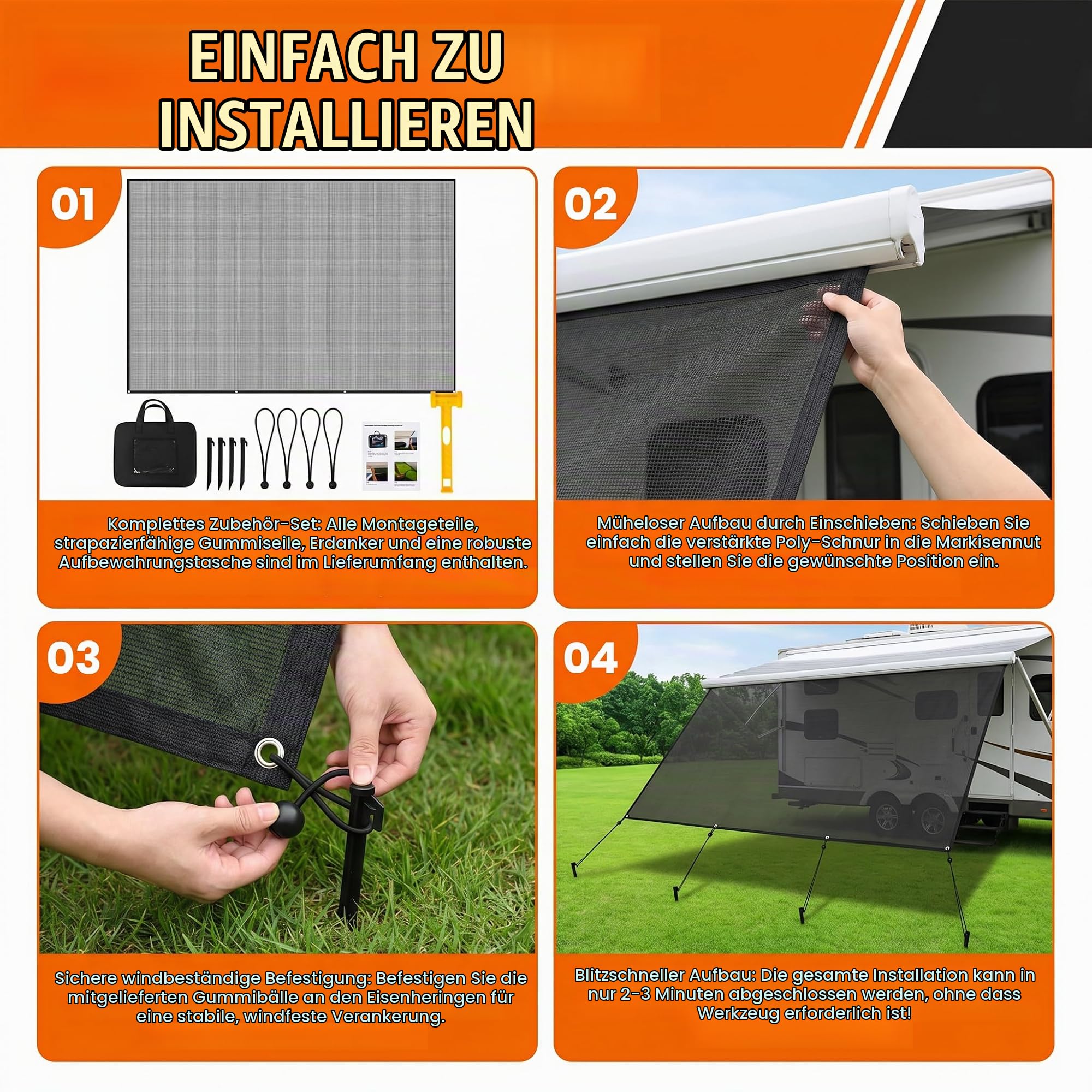 Markise Wohnwagen 246x335cm,Sichtschutz Frontseite mit Sonnensegel | Zuverlässiger UV- und Regenschutz, Auto Markise Einfache Montage mit Befestigungsset, Passend für Wohnmobile und Anhänger