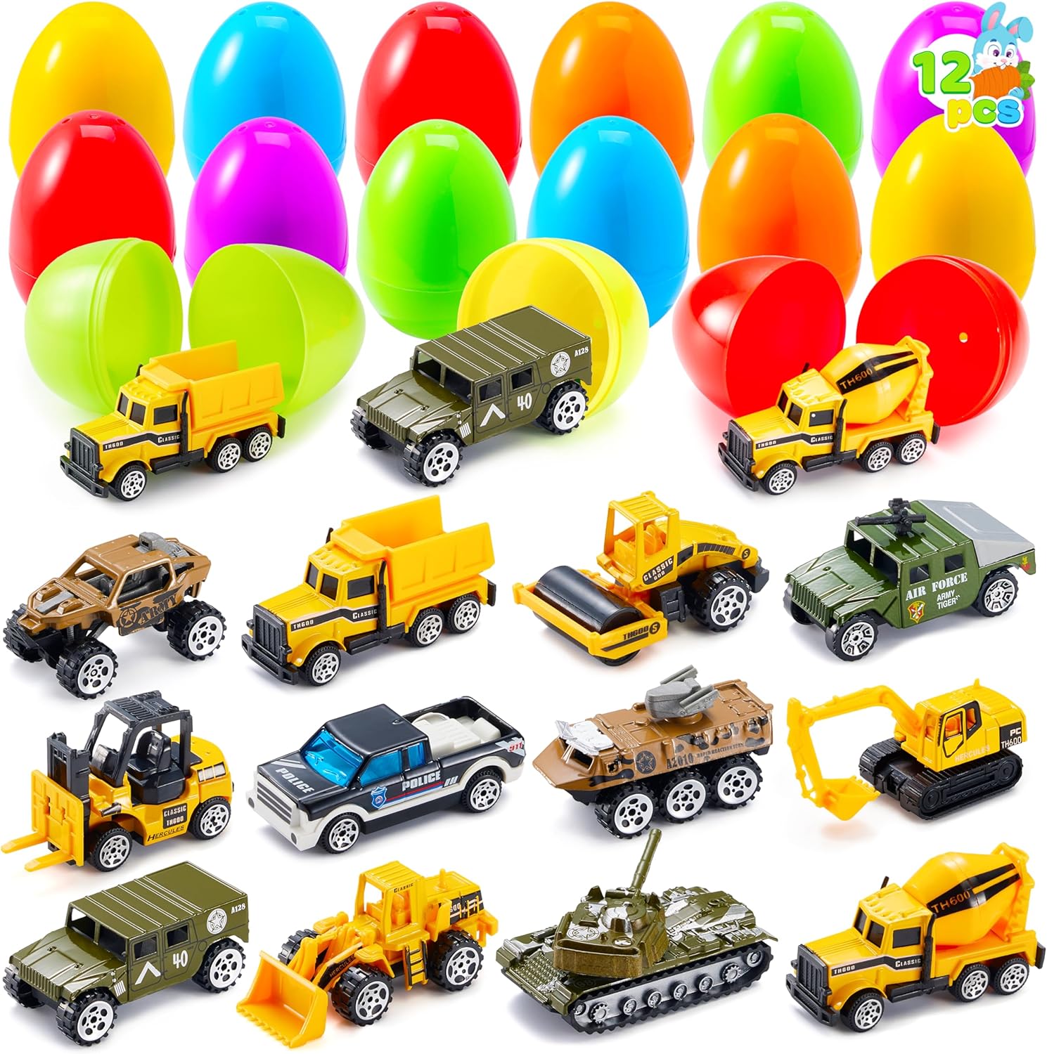 JOYIN 12 Pcs Prefilled Easter Eggs with Die-cast Vehicles, Basket Stuffers for Kids, City Cars and Trucks Toy for Easter Egg Hunt, Party Favors for Boys, Goodie Bag Fillers, Class Prize Supplies Gifts