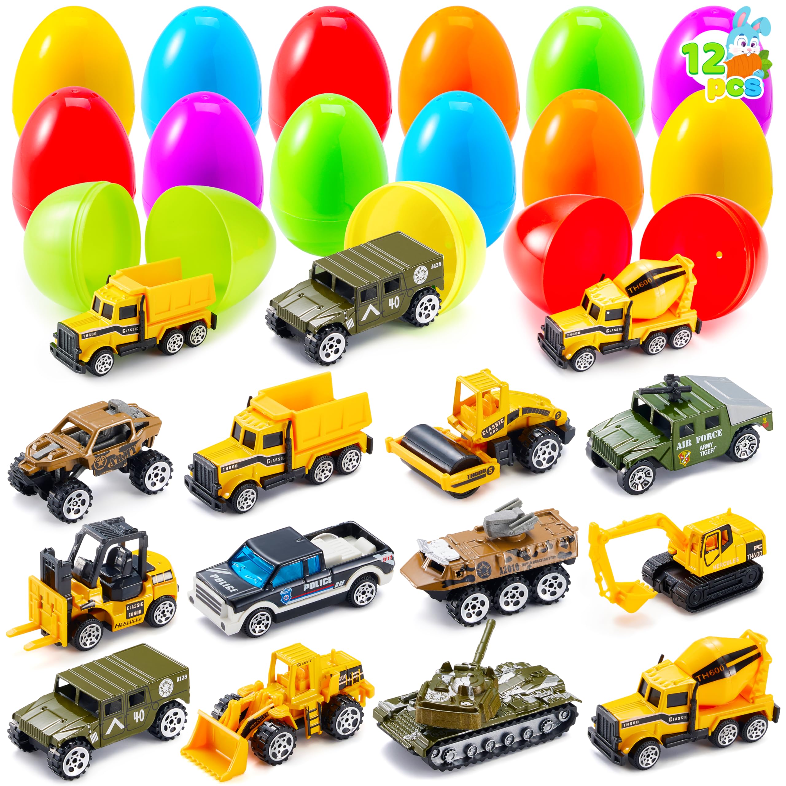 JOYIN Lot de 12 œufs de Pâques pré-remplis avec d'adorables blocs de construction d'animaux pour cadeaux de Pâques, chasse aux œufs de Pâques, remplissage de paniers de Pâques (véhicules d'ingénierie