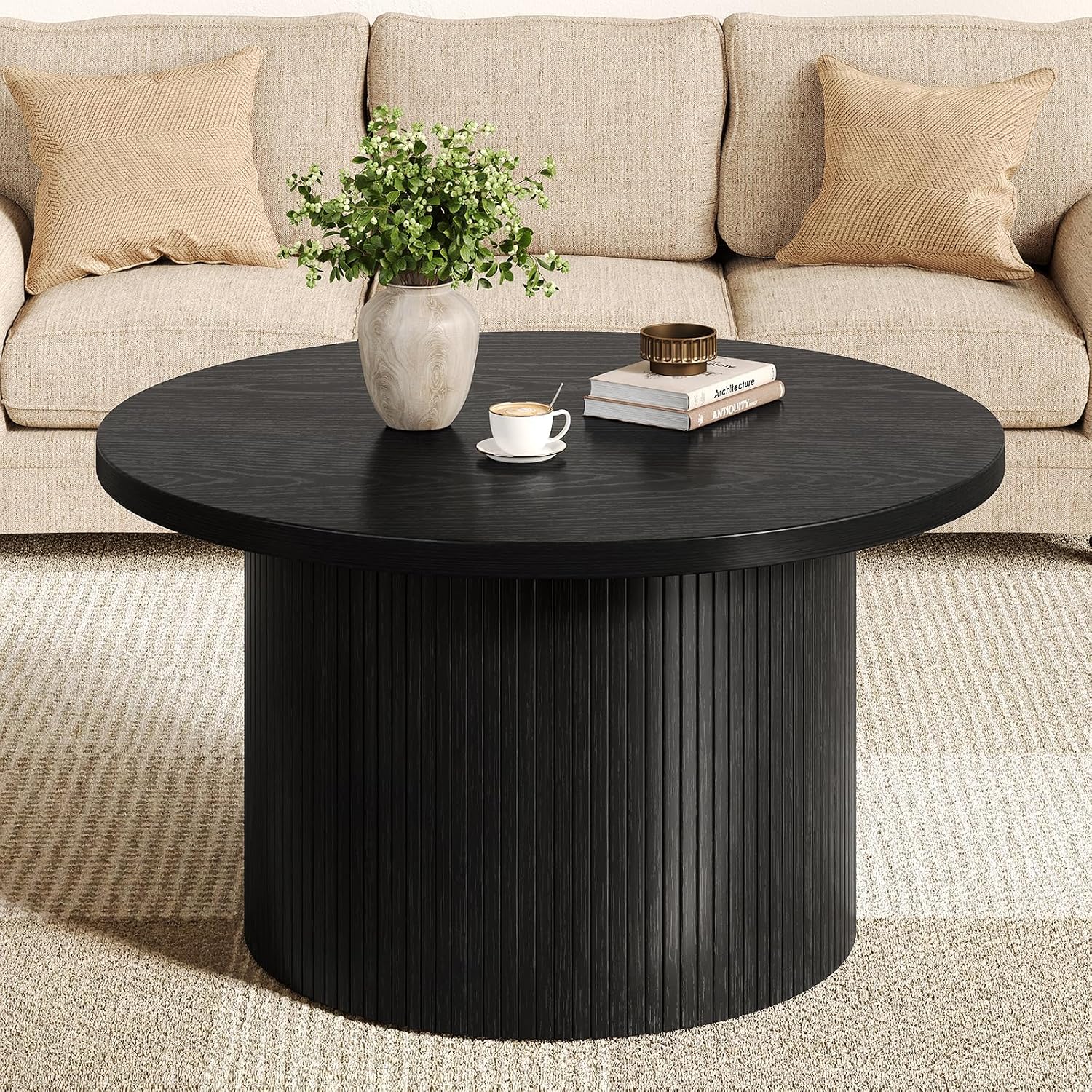 ComfyCorner 31.5" Round Coffee Table, Mid Century Modern Fluted Drum Table