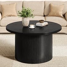 31.5" Round Coffee Table, Mid Century Modern Fluted Tambour Coffee Table, Engineered Wood Small Circle Center Table, Drum Accent Modern Living Room Table, Black
