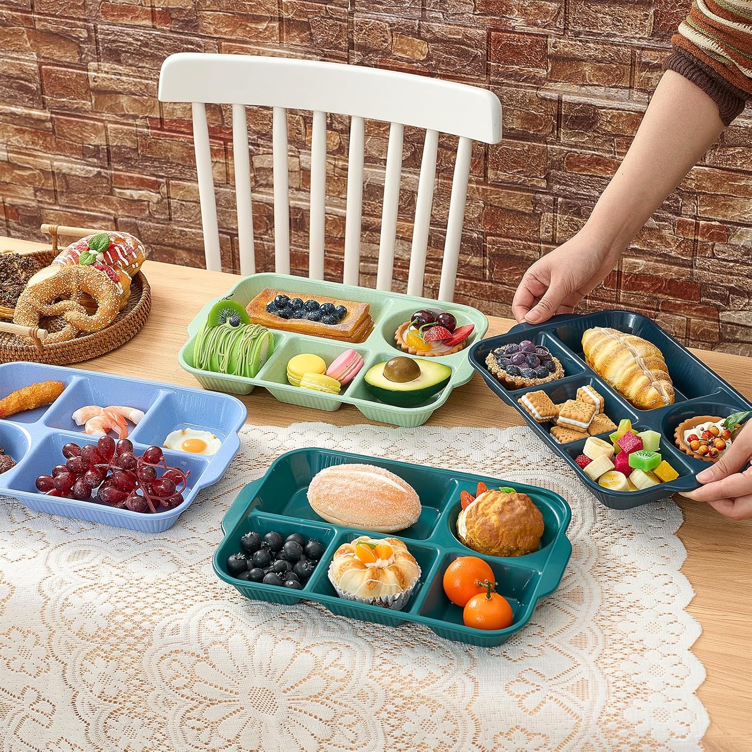 Pinkunn 8 Pcs 13'' Large Divided Plates Unbreakable Wheat Straw Dinnerware Lunch Trays Lightweight Reusable Plastic Compartment Microwave Dishwasher Safe Separator Plates(Retro)