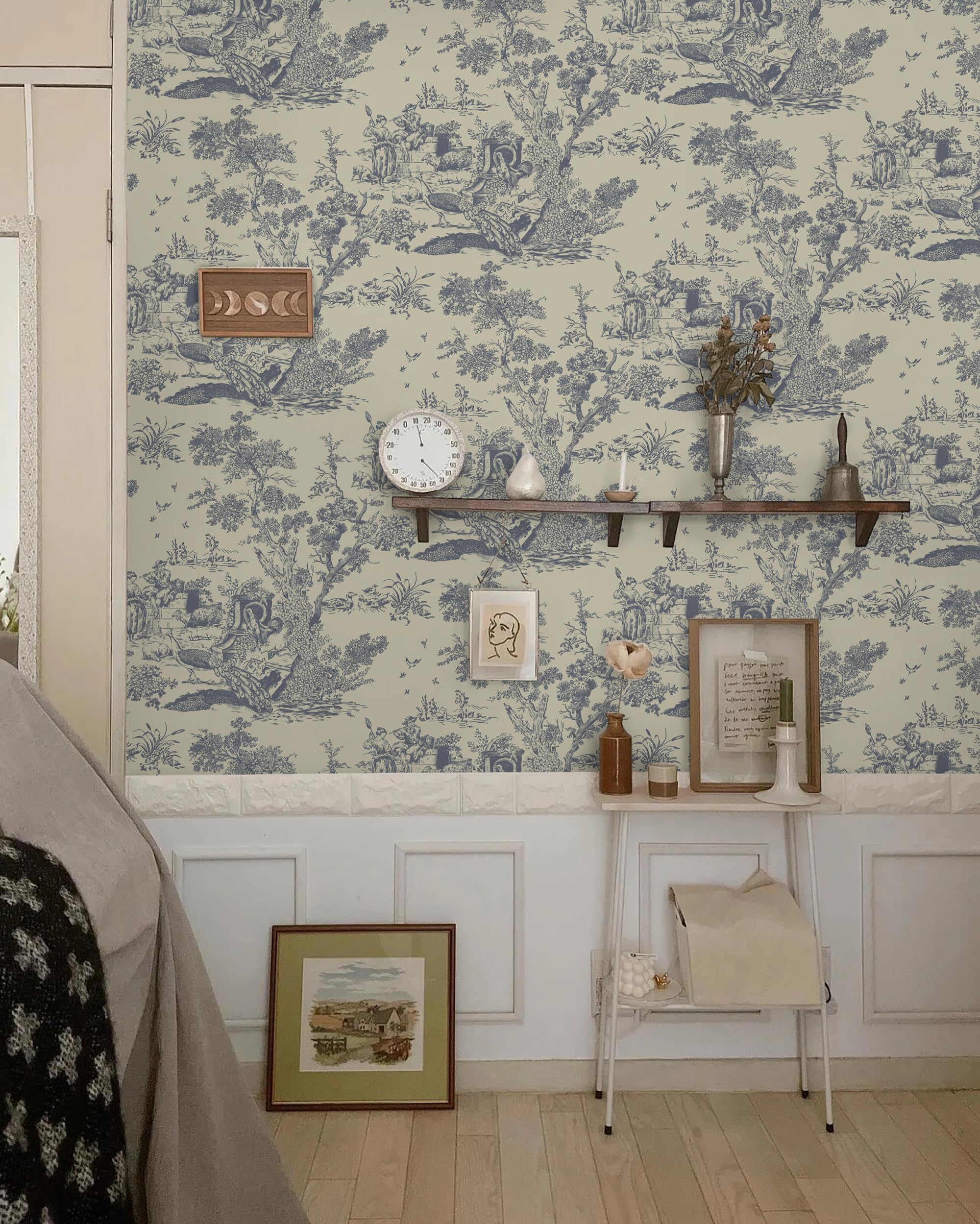 Papel tapiz autoadhesivo azul y beige, 41 cm x 10 m, papel tapiz vintage para despegar y pegar, papel tapiz de árbol y animales, papel tapiz de vinilo impermeable para sala de estar, muebles de