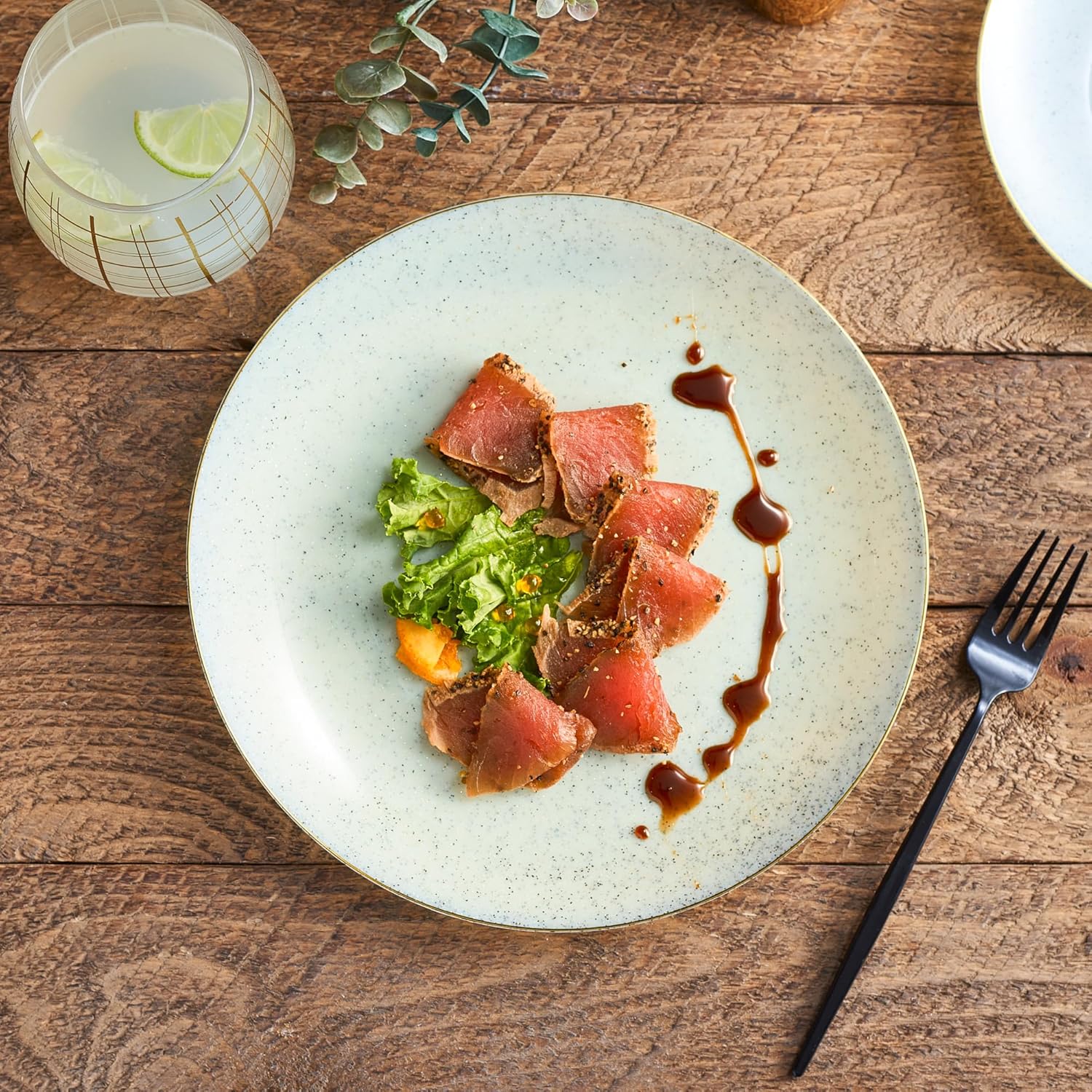 PLASTICPRO 32 Pack Elegant Disposable Plastic Plates Combo Set Includes 16 Dinner Plates and 16 Salad Plates Heavy Duty Fancy Party Plates Green Granite Plates with Gold rim - Image 8