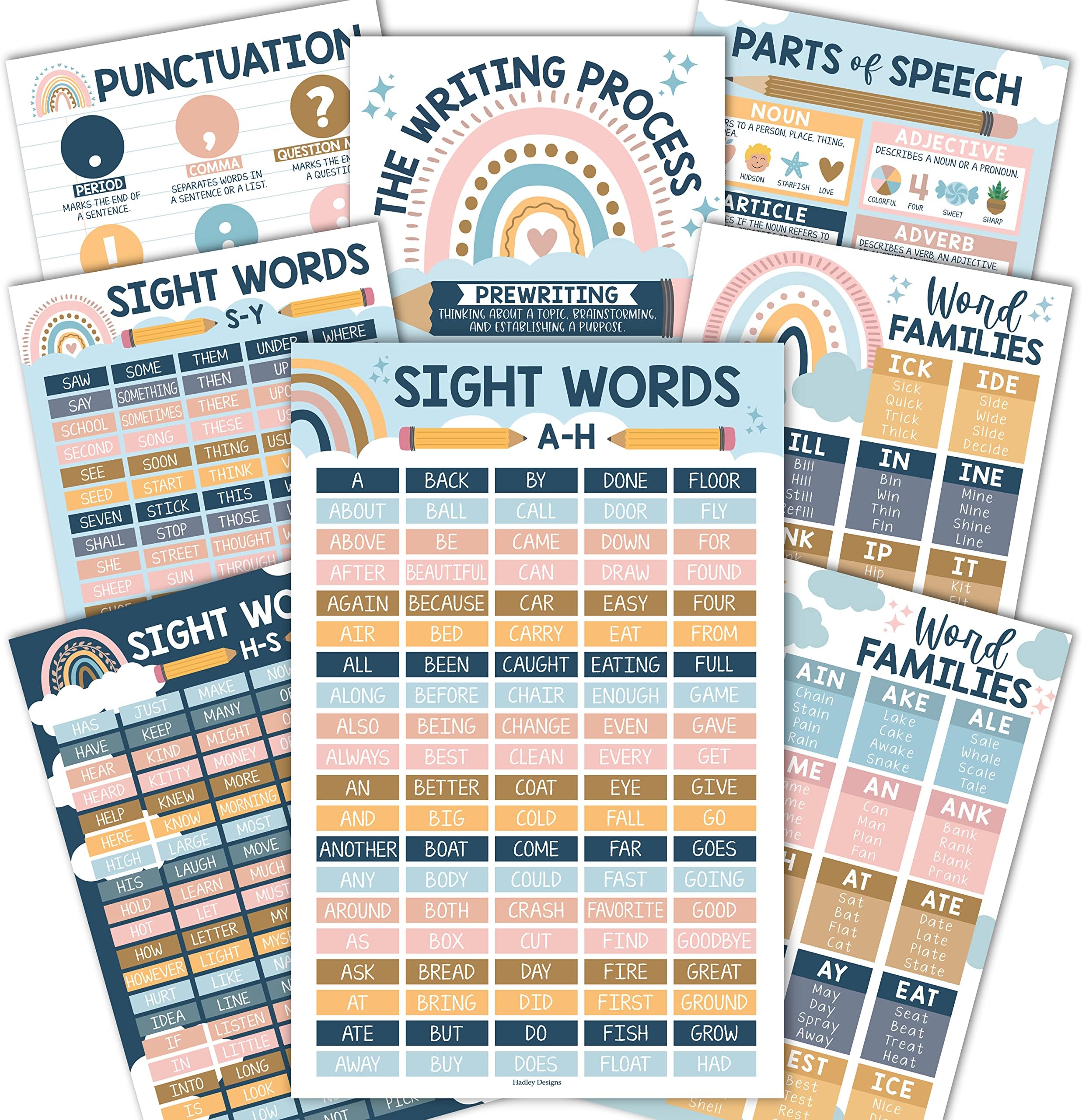 Hadley Designs 8 Boho 100 Sight Words Poster For Classroom Word Wall, Sight Word Posters For Classroom Elementary, First Grade, Word Family Posters For Elementary School Posters For Classroom