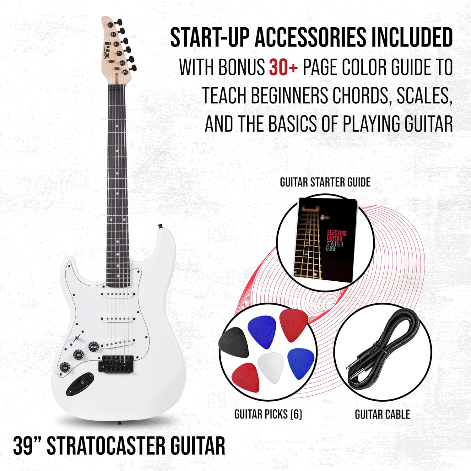 LyxPro CS 39” Left Hand Electric Guitar Kit for Beginner, Intermediate & Pro Players with Guitar, Amp Cable, 6 Picks & Learner’s Guide, Solid Wood Body, Volume/Tone Controls, 5-Way Pickup - White