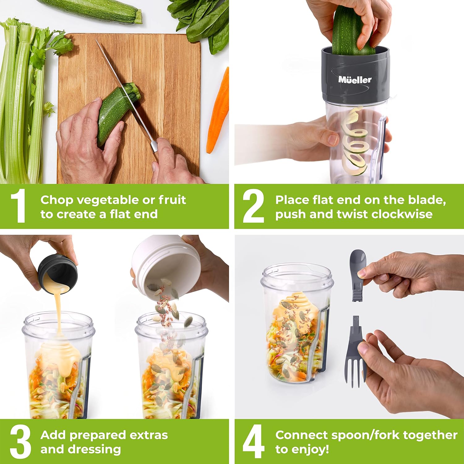 Mueller Spiralizer for Veggies, Salad Container for Lunch - All-In-One Food Prepper, Zucchini Noodle Maker, Vegetable Spiralizer, Comes with Fork, Salad Dressing Container/Spice-Nut Containers