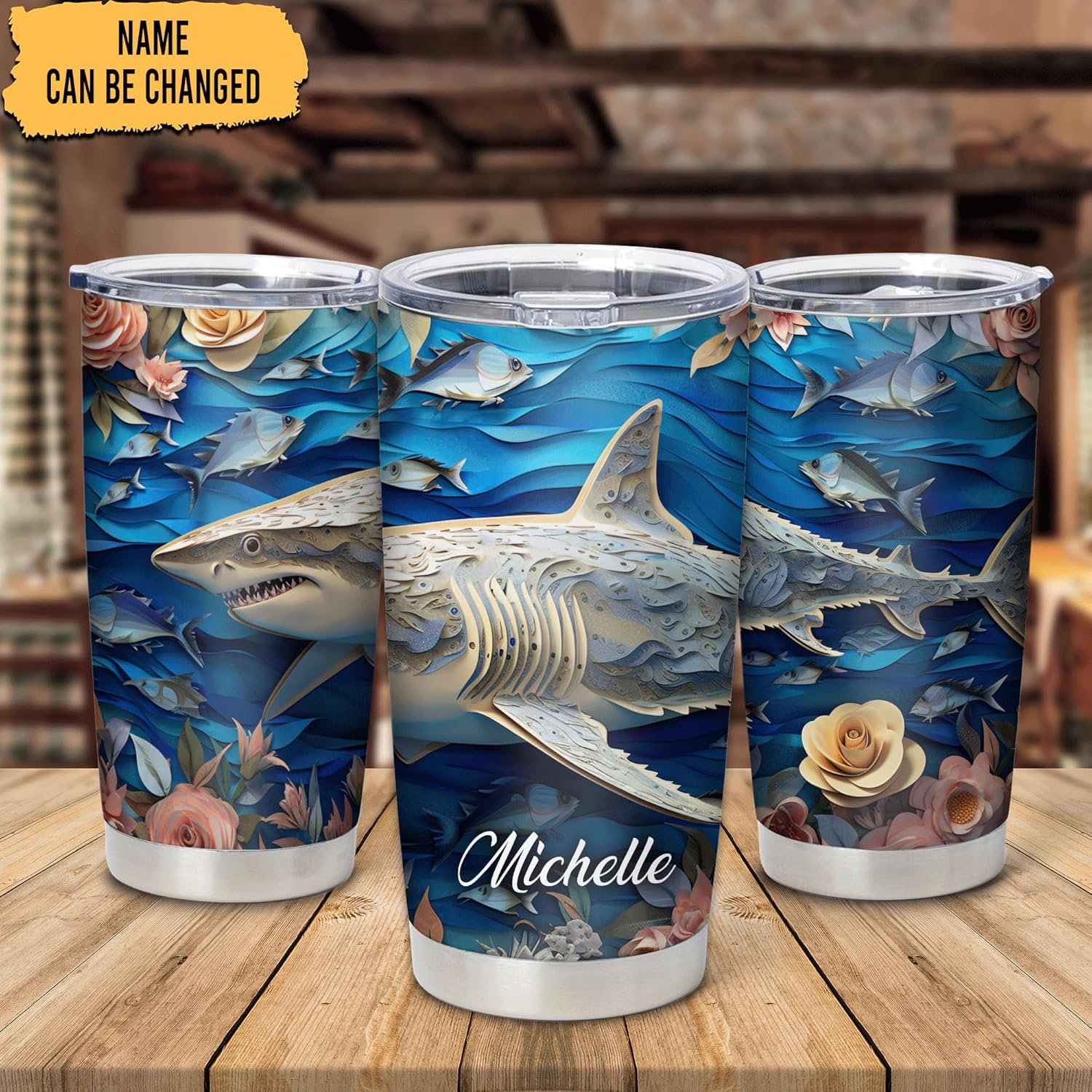 Hyturtle Personalized Gifts Shark Lover - 2D Shark Printed Customized Name Stainless Steel Tumbler 20 oz With Lid - Idea Cute Sea Animal Lover Gifts For Women, Girl, Kids On Birthday, Christmas