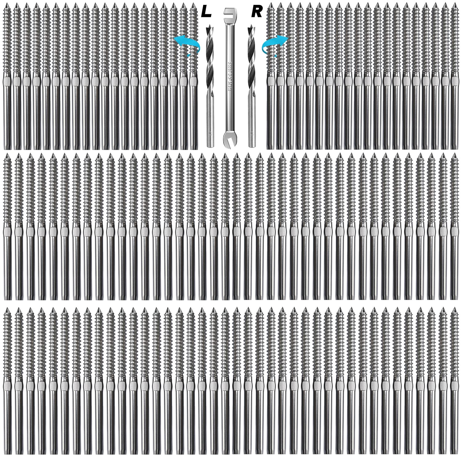 steel dn mate 120 pack t316 stainless steel left&right handed thread swage lag screws for wood post of 1/8" deck railing kit, cable railing hardware, diy baluster hardware, wrench included dm60 1/8in. silver 120
