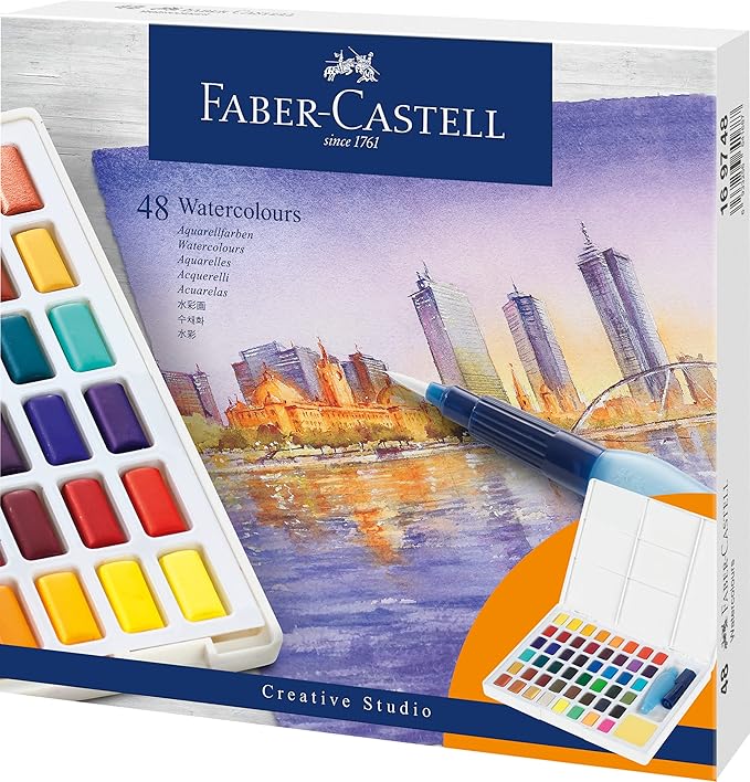 FABER-CASTELL 169748 – Aquarellfarben in Näpfchen, mit Mischpalette und Wassertankpinsel, 48er Etui FABER-CASTELL 169748 – Aquarellfarben in Näpfchen, mit Mischpalette und Wassertankpinsel, 48er Etui