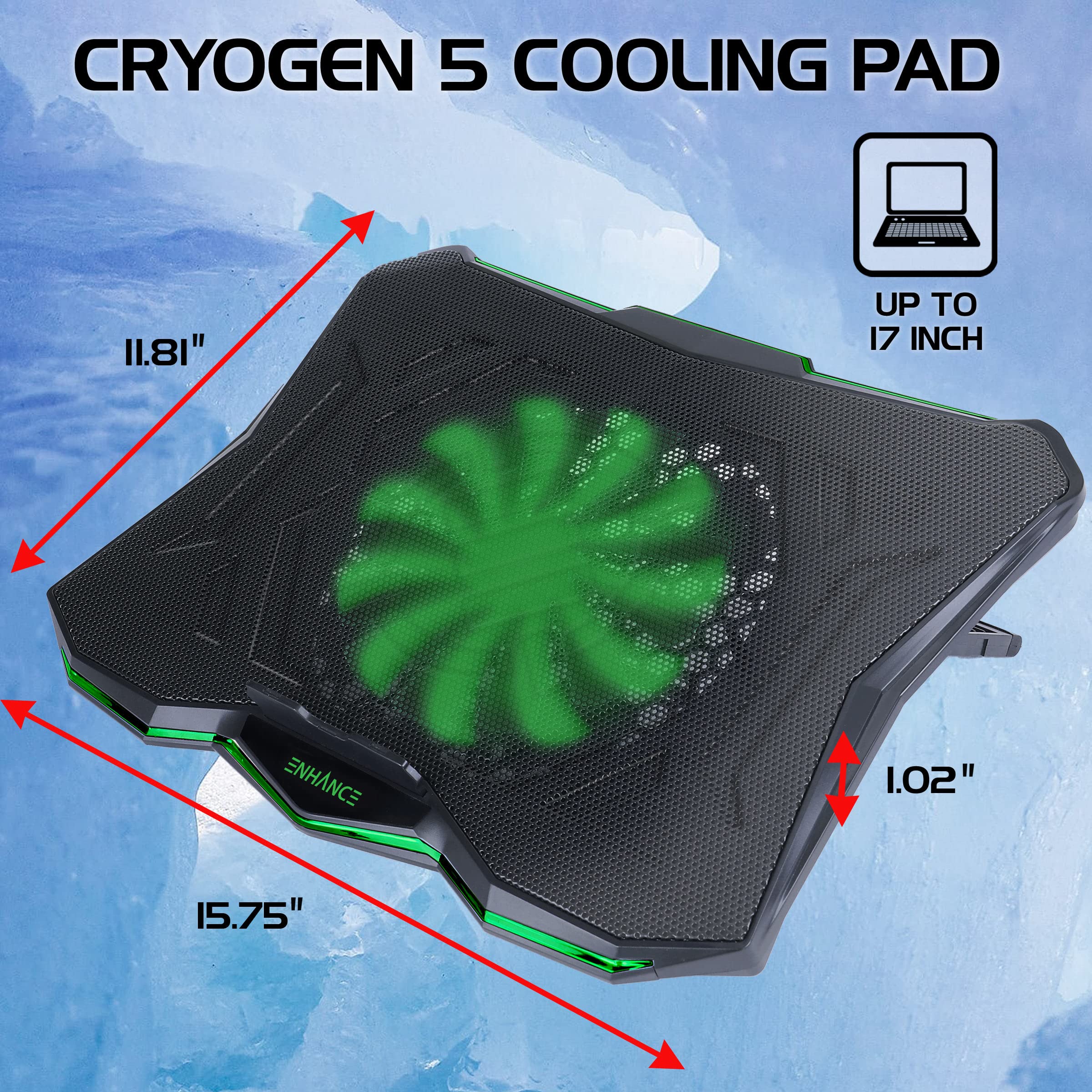 ENHANCE Support Refroidisseur PC Portable, Plaque de Refroidissement de 1 Ventilateurs avec LED Vert et 2 Ports USB - Compatible avec Ordinateur Portable et Notebook de 17 Pouces - Dim: 40 x 30.4 cm