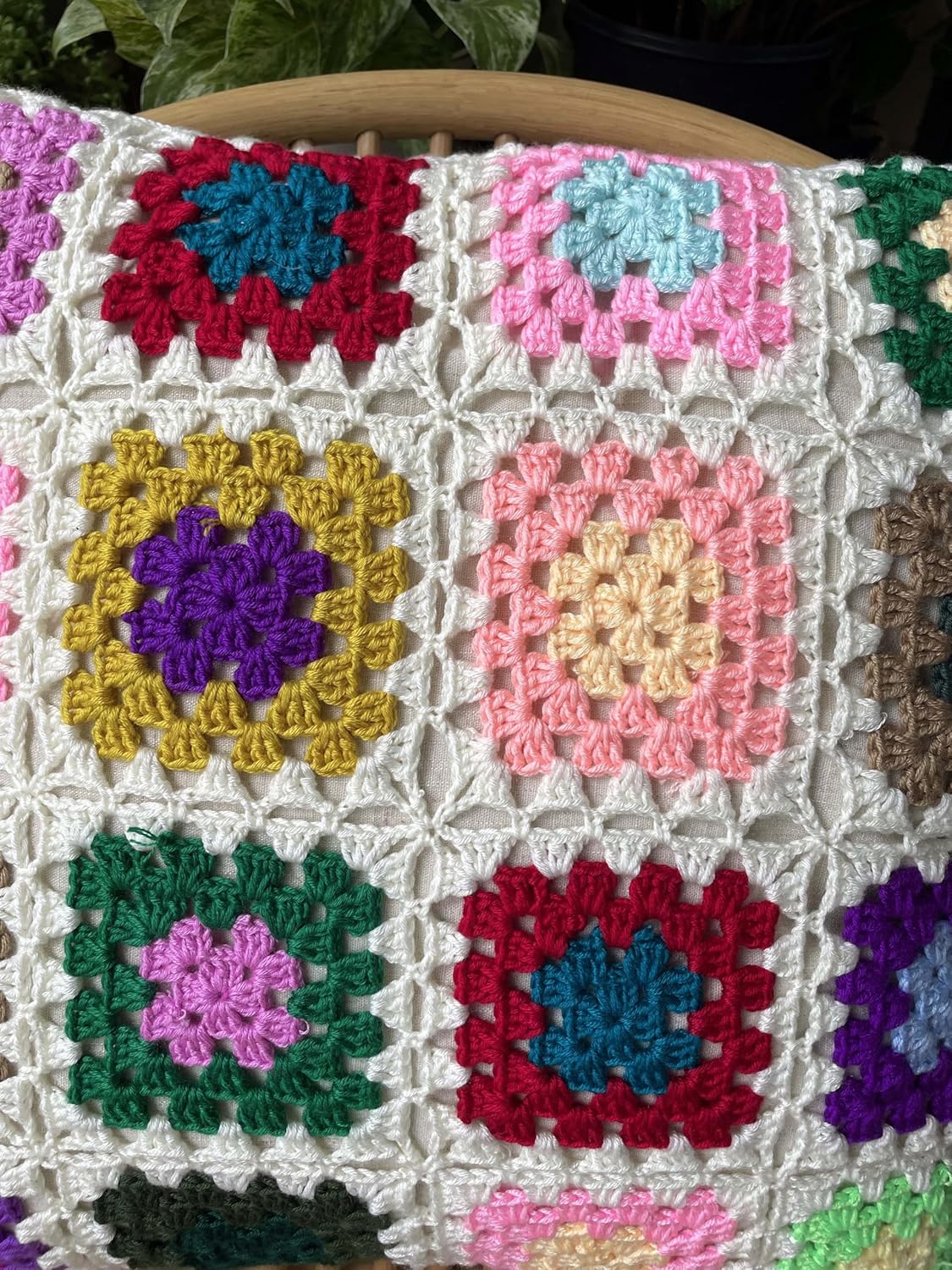 RISEON Granny Square Pillowcase Colorful Crocheted Pattern Throw Pillow Cover Crochet Cushions Cover for Couch Sofa Chair Boho Home Decor gift-17.7 x 17.7 inches (White)