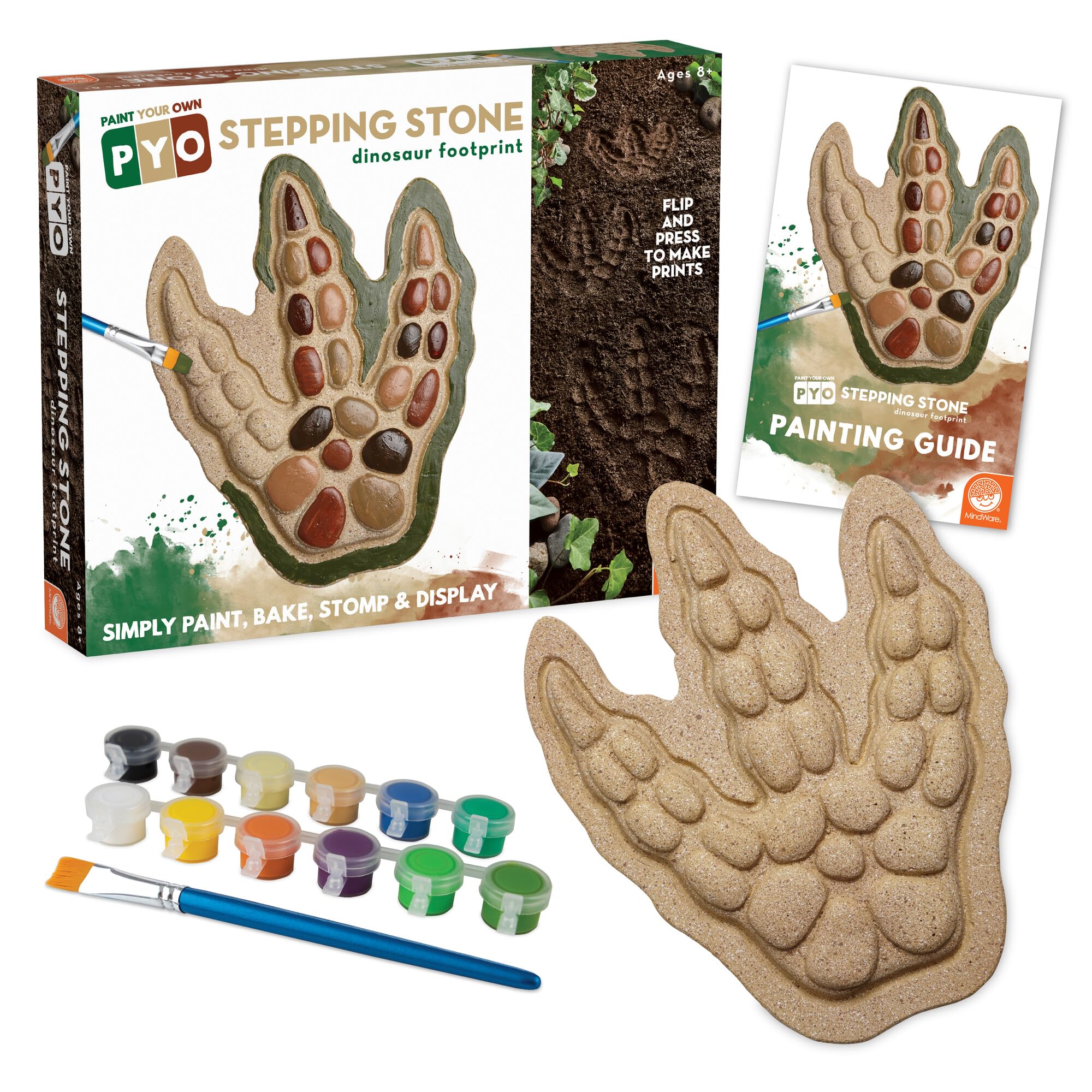 MindWare Paint Your Own Stepping Stone: Dinosaur Footprint - Weather-Resistant 8.5-inch x 10-inch Stepping Stones Kids Craft Kit - Includes Paint, Brushes and Instructions - Ages 8 and Up