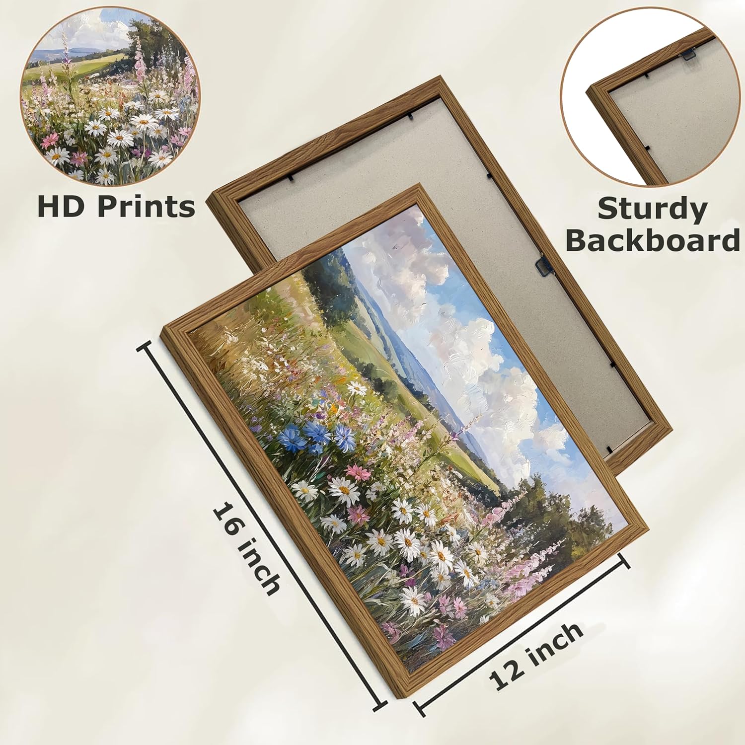 Framed Vintage Wildflower Canvas Wall Art, Nature Botanical Floral Wall Decor Pictures, Rustic Farmhouse Daisy Landscape Paintings Prints for Living Room Bedroom Bathroom Office 12x16 inch - Image 4