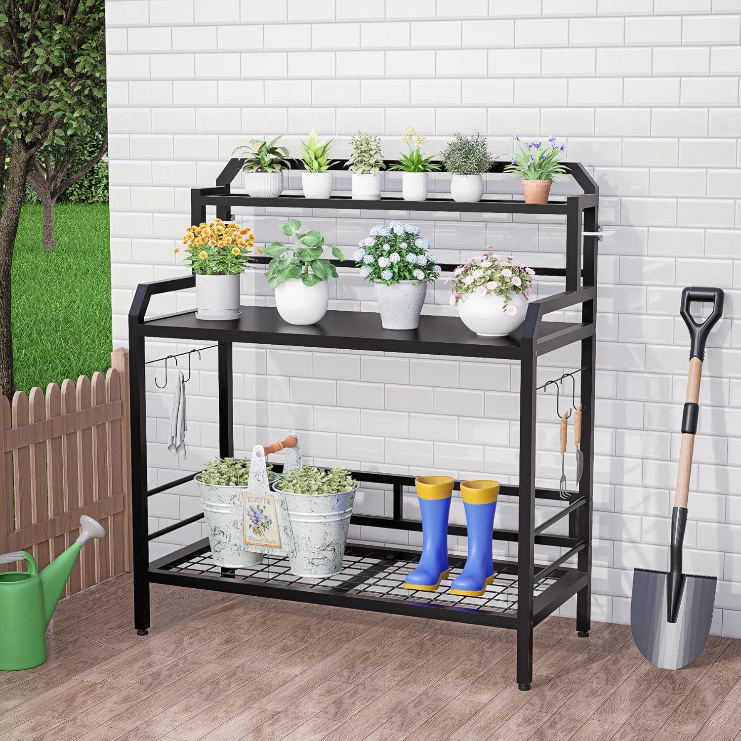 Outdoor Metal Potting Bench Table with Storage,3-Tier Heavy Duty Garden Workbench,All-Weather Gardening Table with 4 Side Hooks,18" D x 39" W x 32" - 47" H,Black