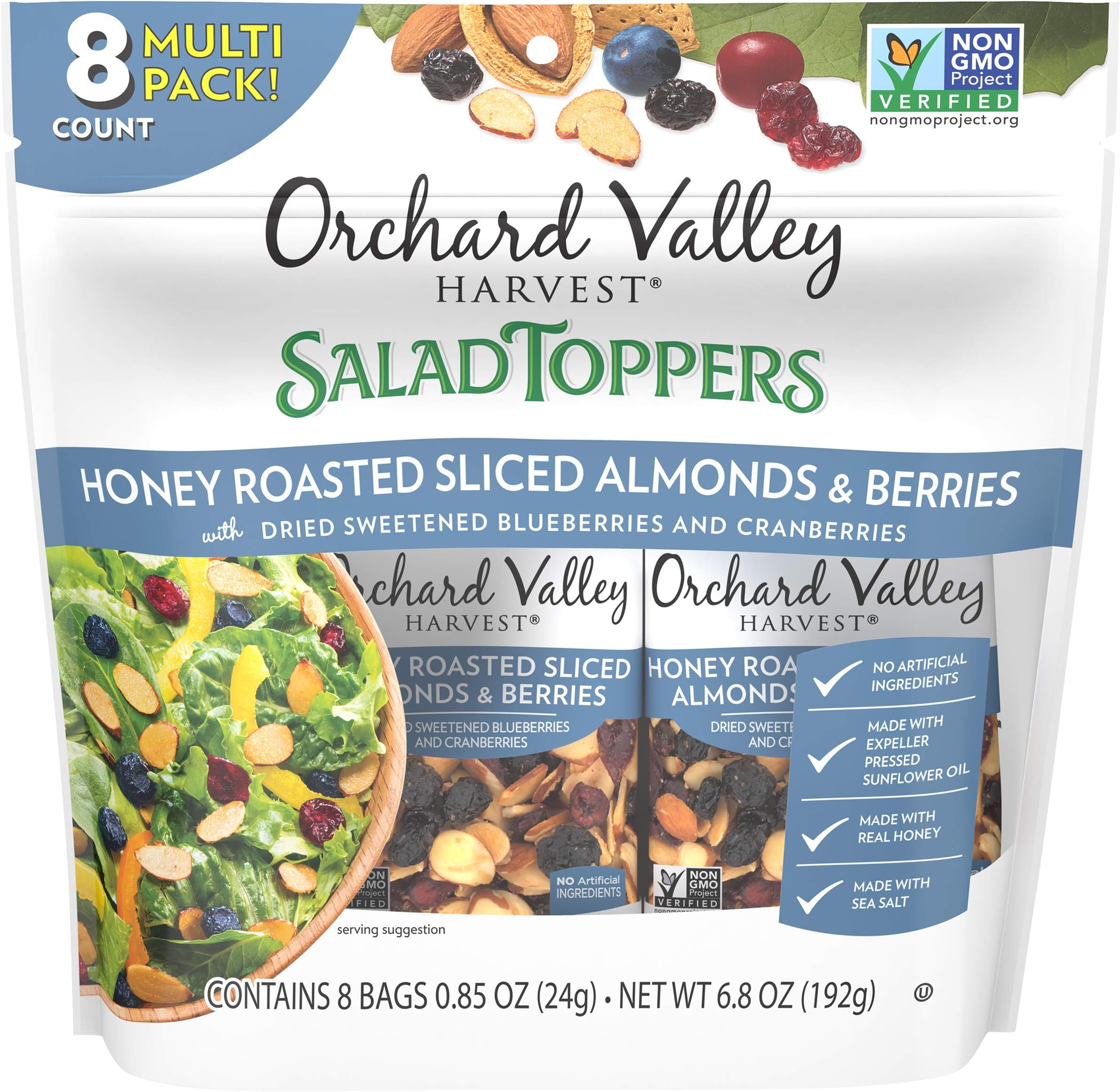 Orchard Valley Harvest Honey Roasted Sliced Almonds and Berries Salad Toppers, 0.85 Ounce Bags (Pack of 8), Non-GMO, No Artificial Ingredients