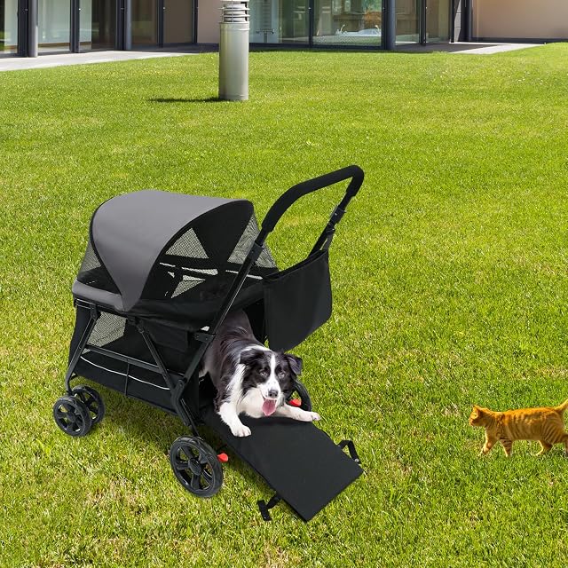 Foto 3 de 7 de Carrito plegable para mascotas, carrito de viaje para mascotas con estribo, capacidad de carga de hasta 30 kg