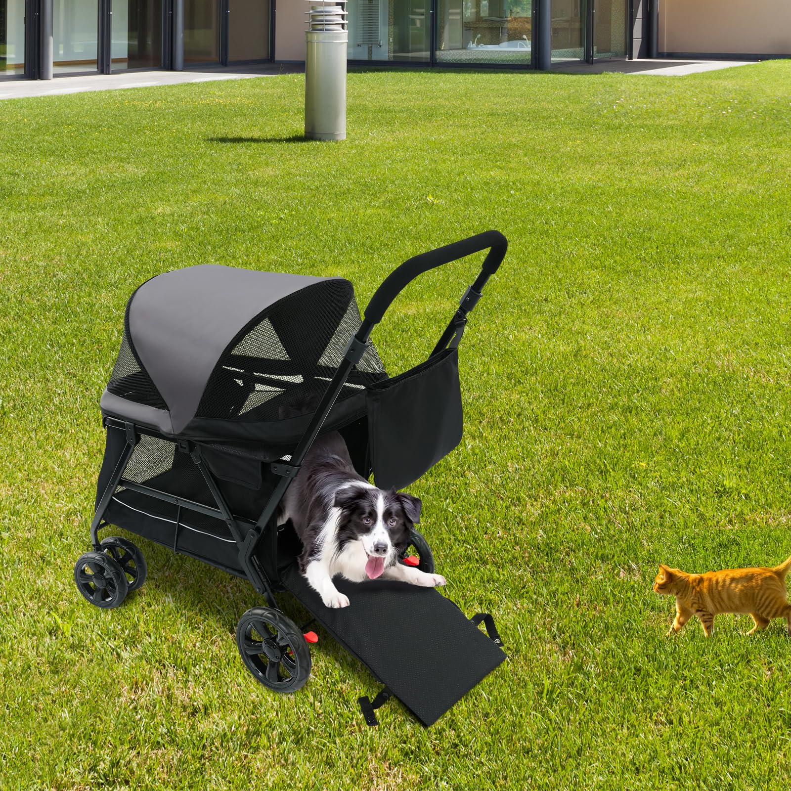 JIDIJINGH Passeggino pieghevole per cani con tavola da arrampicata, per cani e gatti, fino a 30 kg, ruote a 360° con freni, traspirante, borsa portaoggetti, nero