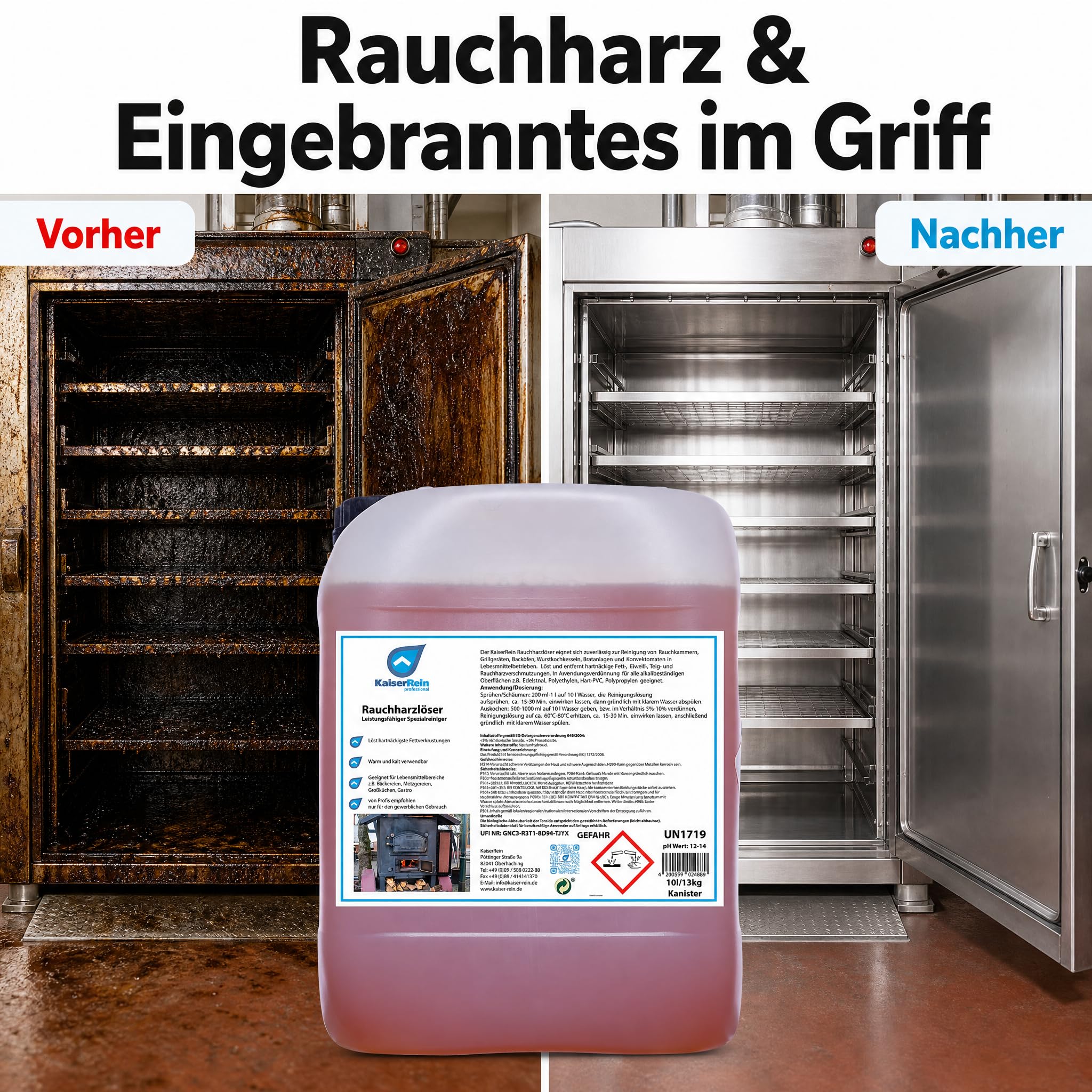 KaiserRein Grillreiniger Profi Rauchharzentferner, Backofenreiniger extra stark, 10-l-Kanister, schäumbar, warm/kalt, für Rauchkammern, Grills, Öfen, Konvektomaten, stark alkalischer Gastro-Reiniger