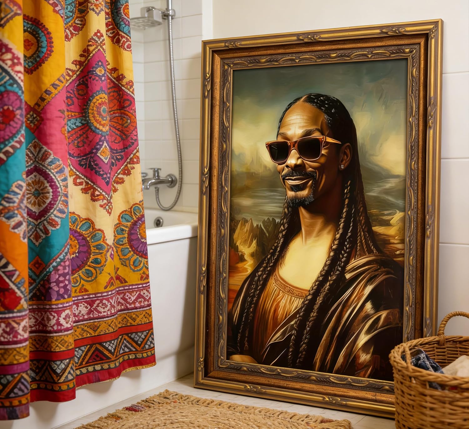 Vintage Gold Framed Bathroom Wall Art Funny Mona Lisa Painting Picture Humor Amusing Toilet Wall Decor Funny Bathroom Poster Print Artwork Home Decoration 12X16in