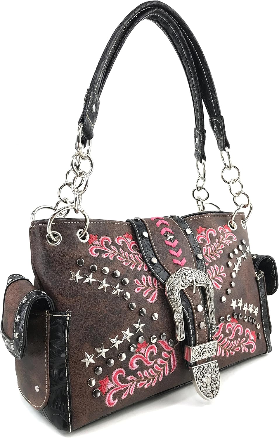 Justin West Buckle Western Floral Damask Embroidery Studs Stars Concealed Carry Handbag Purse