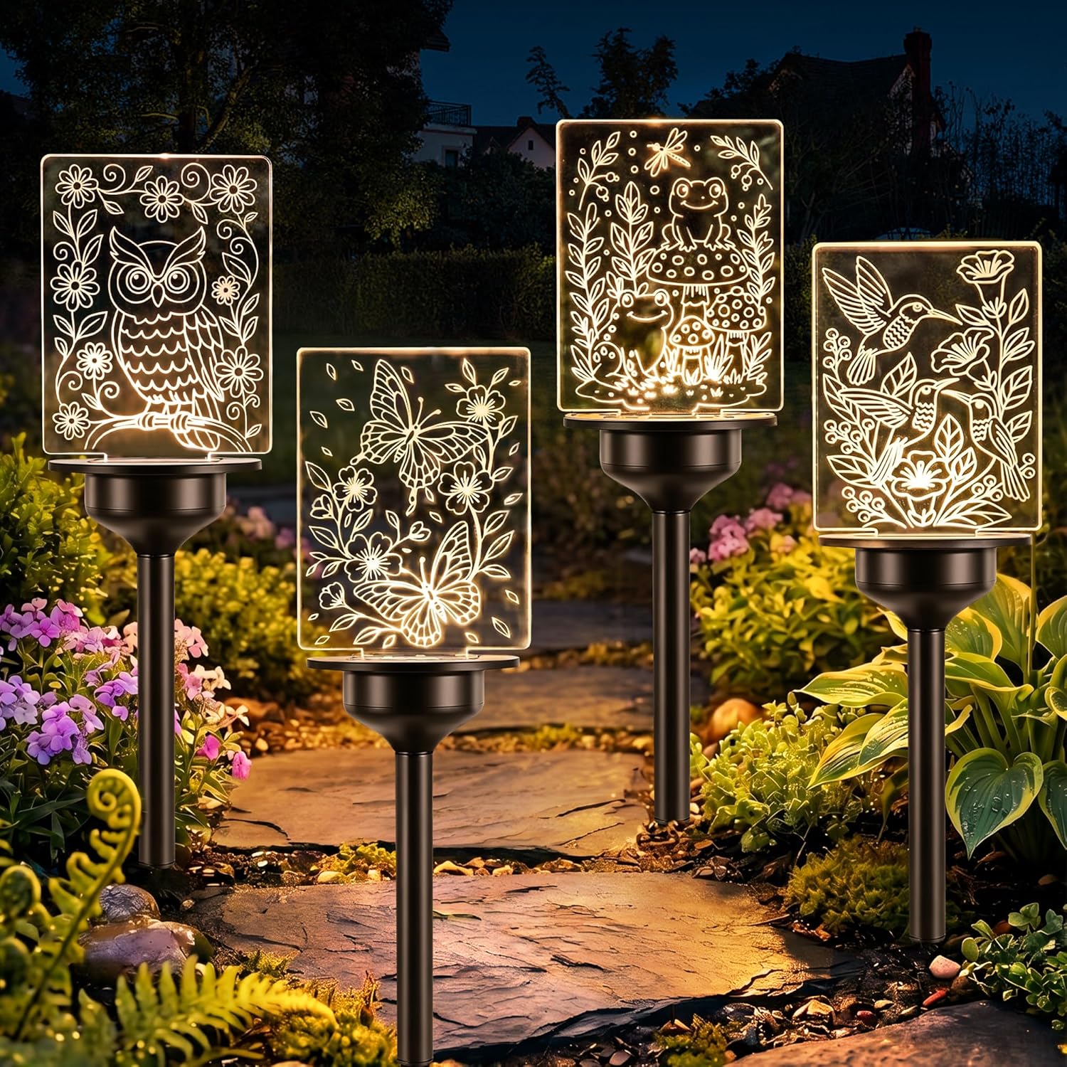 ODEETRONIC Solar Garden Lights, 4 Pack Solar Pathway Lights with Butterfly Frog Hummingbird Owl Pattern, Outdoor Landscape Lighting, Waterproof Acrylic Garden Stake Light for Yard Walkway, Warm White