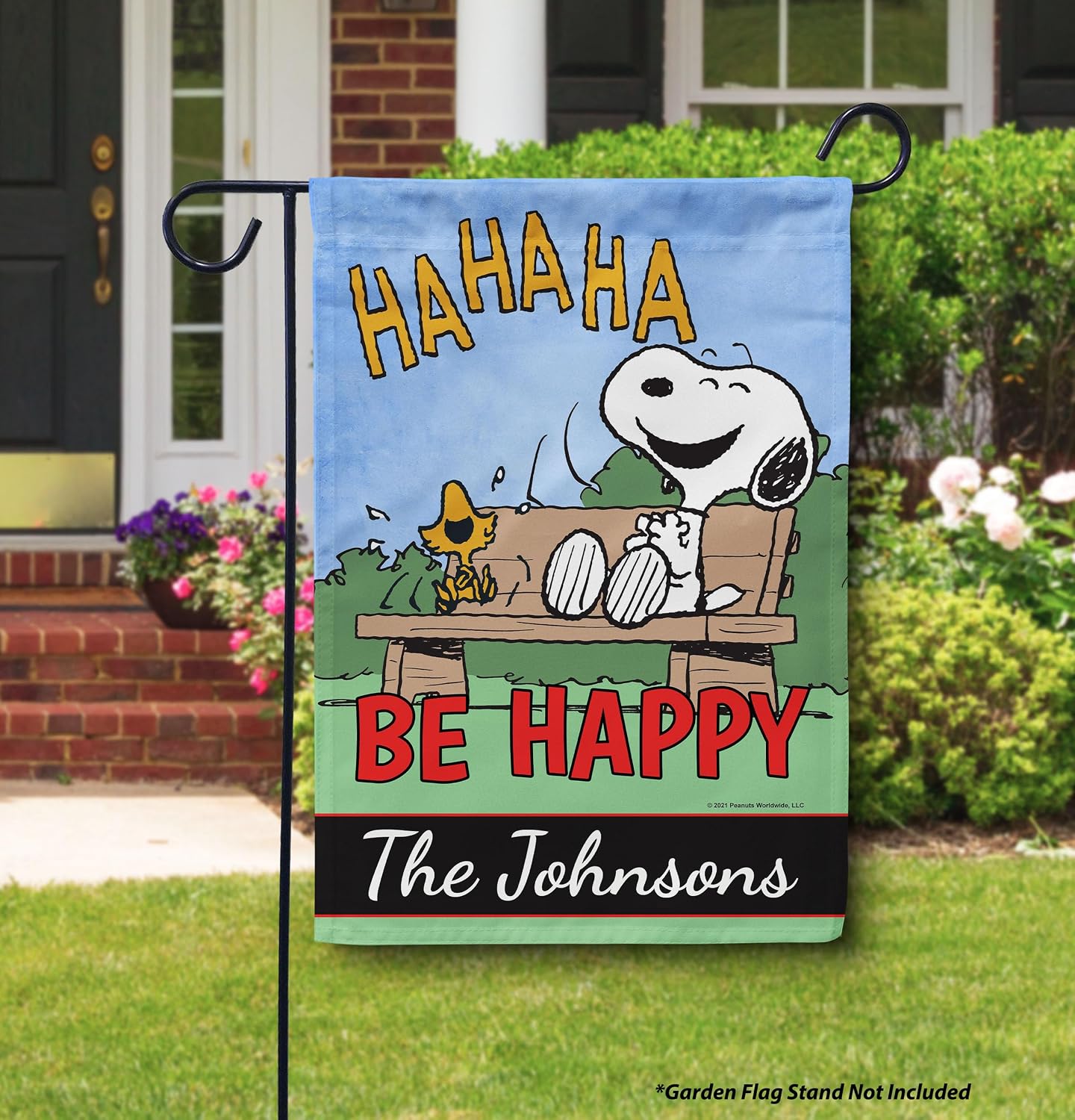 Flagology, Personalized PEANUTS Be Happy Garden Flag 12" x 18", Officially Licensed PEANUTS, Custom Family Name Yard Flag, Inspirational