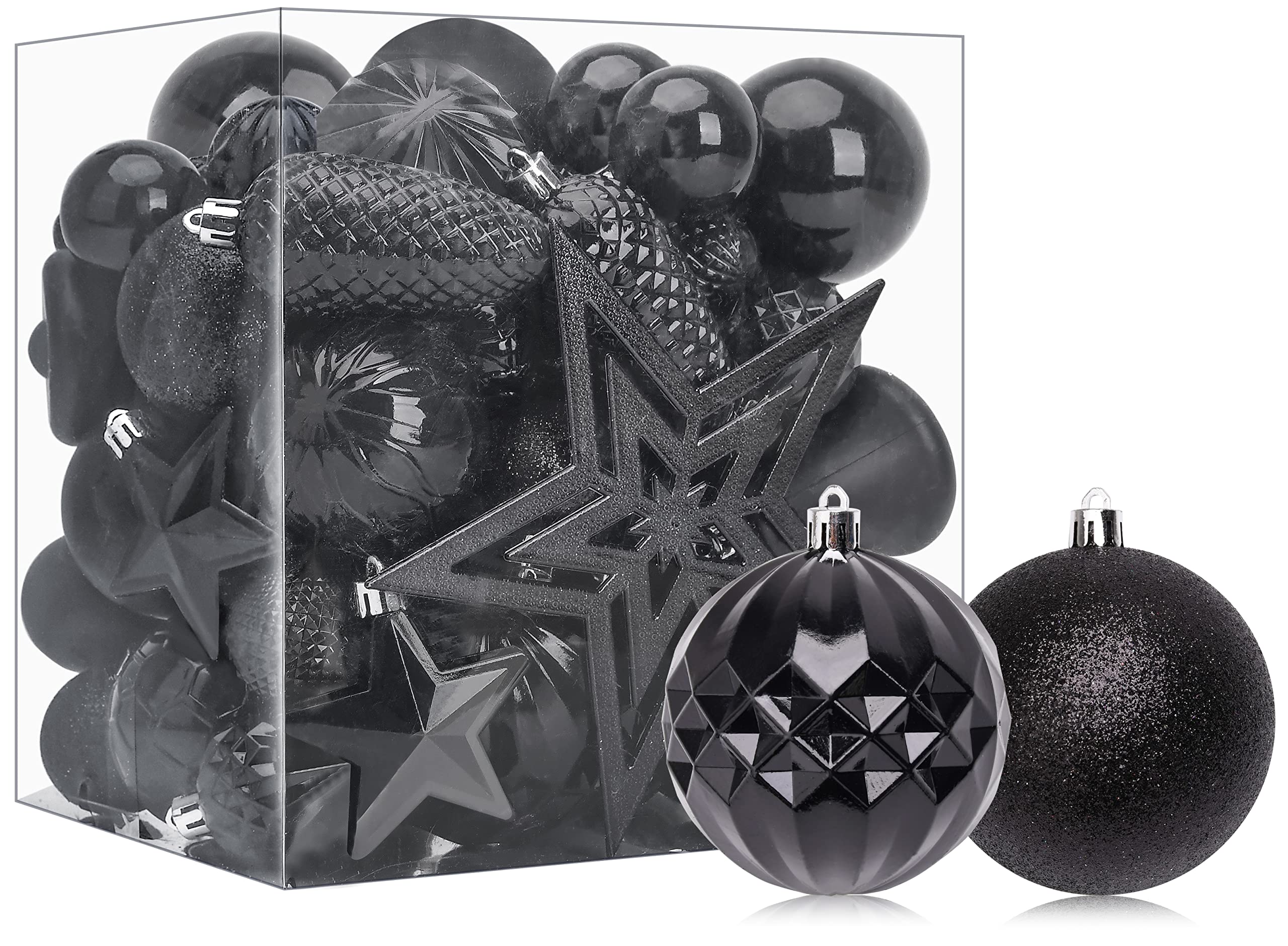 Christmas Tree Decorations Ornaments Set: Shatterproof Christmas Ornaments Balls for Xmas Tree Decor Assorted Christmas Ornaments Baubles Plastic Pack of 45pcs, Multi Size (Black)