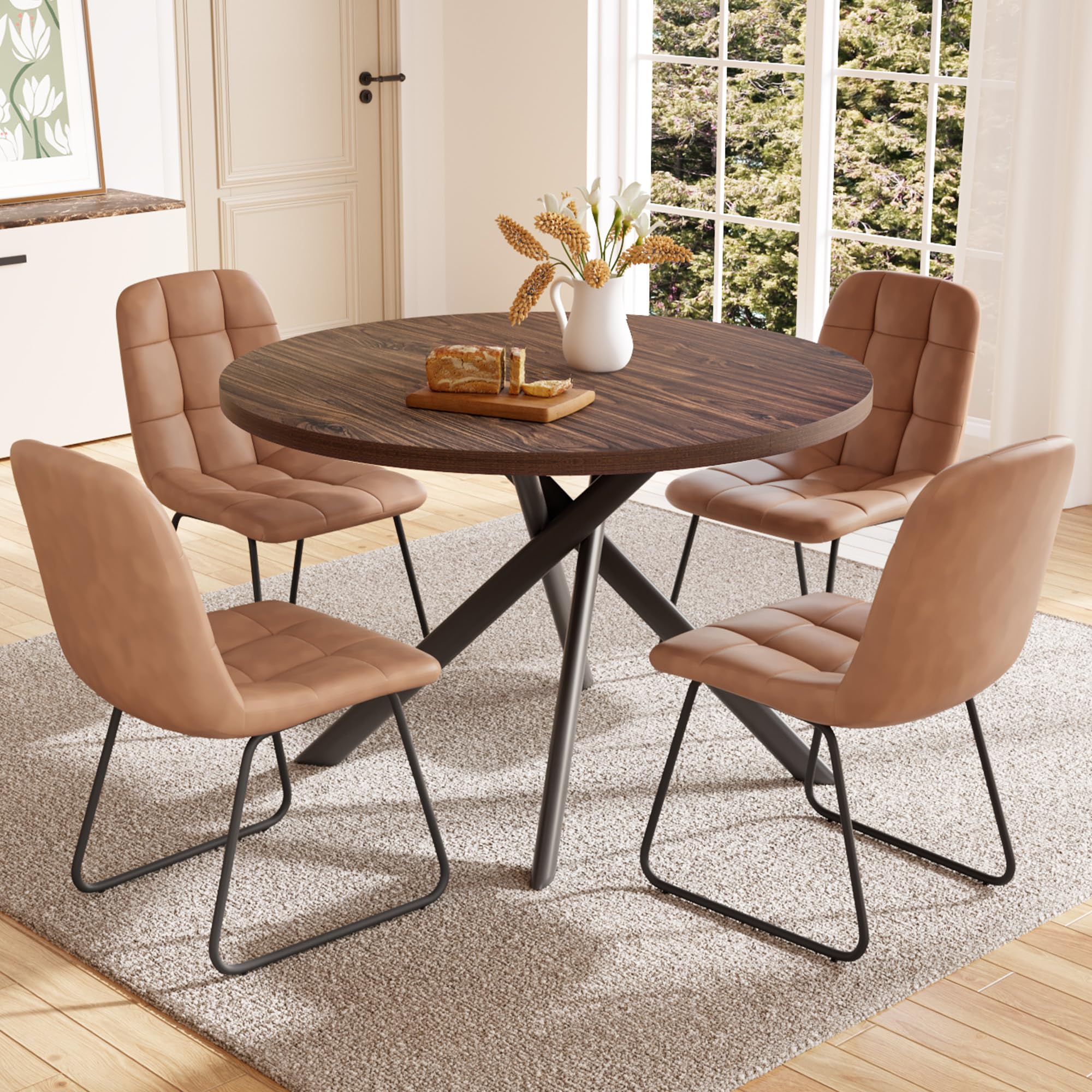 HIPIHOM 45.3 Inch Round Dining Table Set for 4, Mid Century Modern Small Coffee Set for Dining Room Kitchen Apartment (Dark Walnut Table + 4 U-Shaped