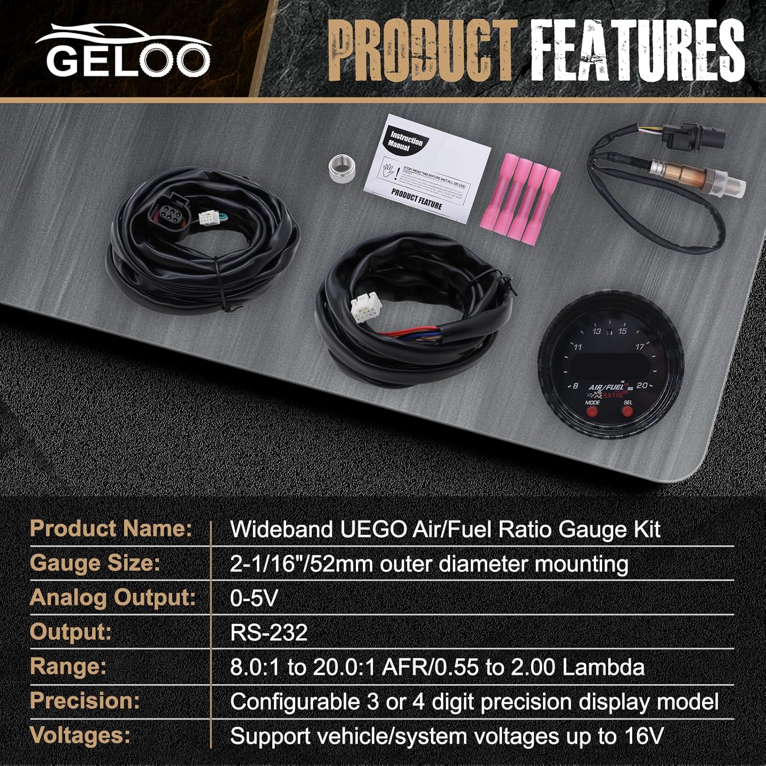Product features and specifications table for Geloo Wideband UEGO Air Fuel Ratio Gauge