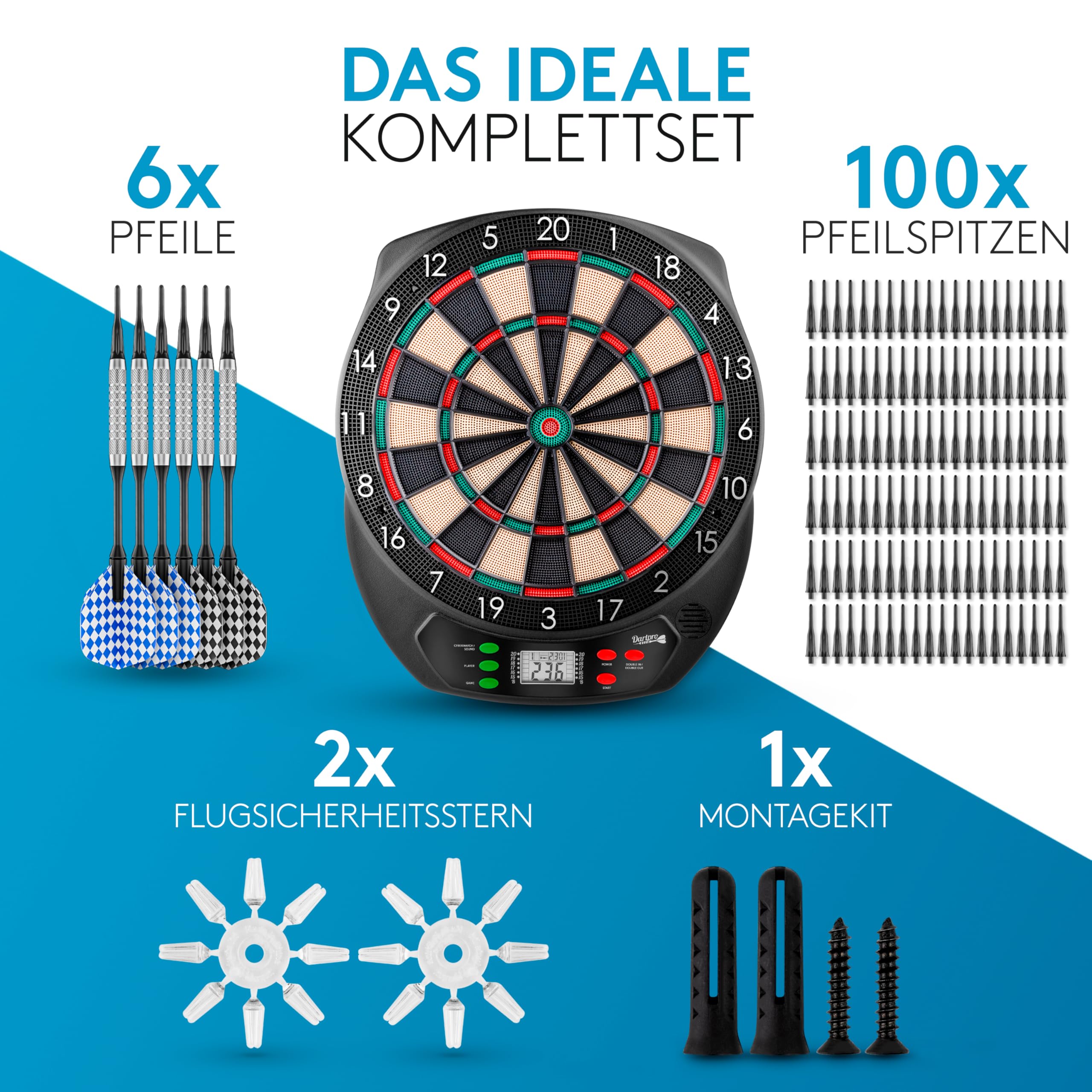 DartPro - L'originale – Bersaglio elettronico – Bersaglio con 6 freccette [utilizzabile senza fili] – Innovativo distributore automatico con 65 varianti – freccette per 1-8 giocatori