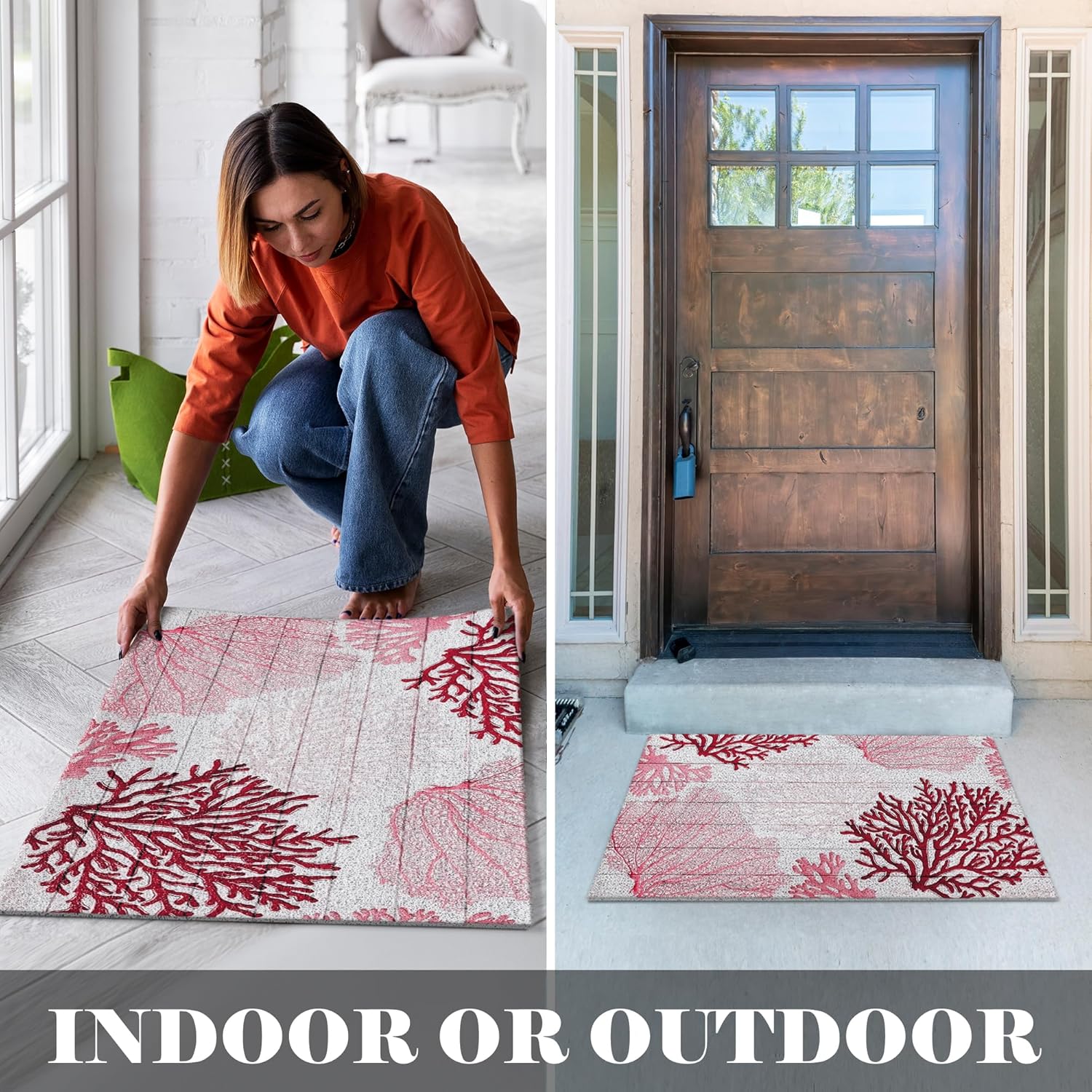 Red Coral Beach Welcome Mat - Nautical Room Decor, Coastal Ocean Bathroom & Outdoor Decor, 17x30 Inch