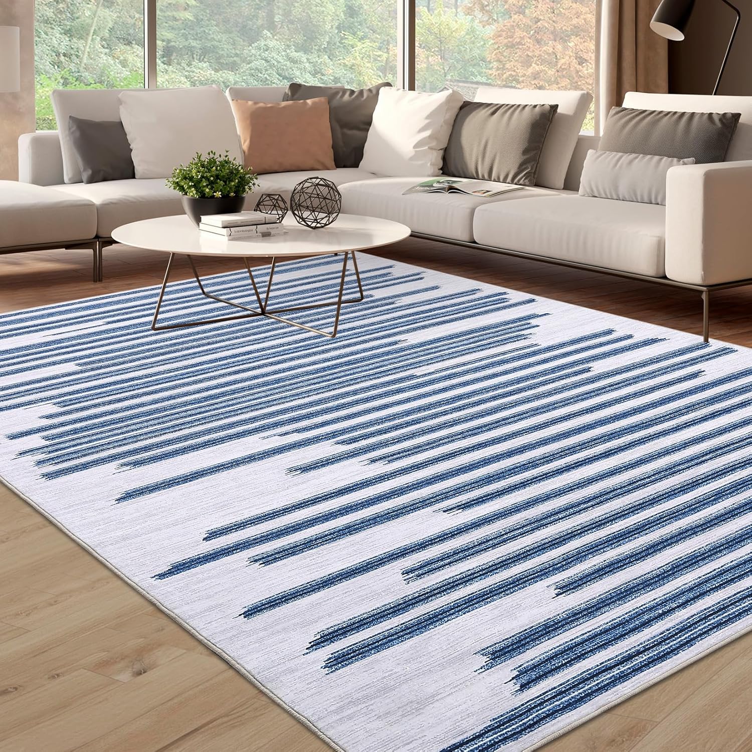 JOLENE.K 8x10 Rug Washable Rugs for Bedroom Modern Geometric Carpet Boho Rug for Living Room Rug Office Rug Neutral Rug Moroccan Rug Contemporary Floor Cover Line Pattren Rug 8x10 Area Rugs Blue