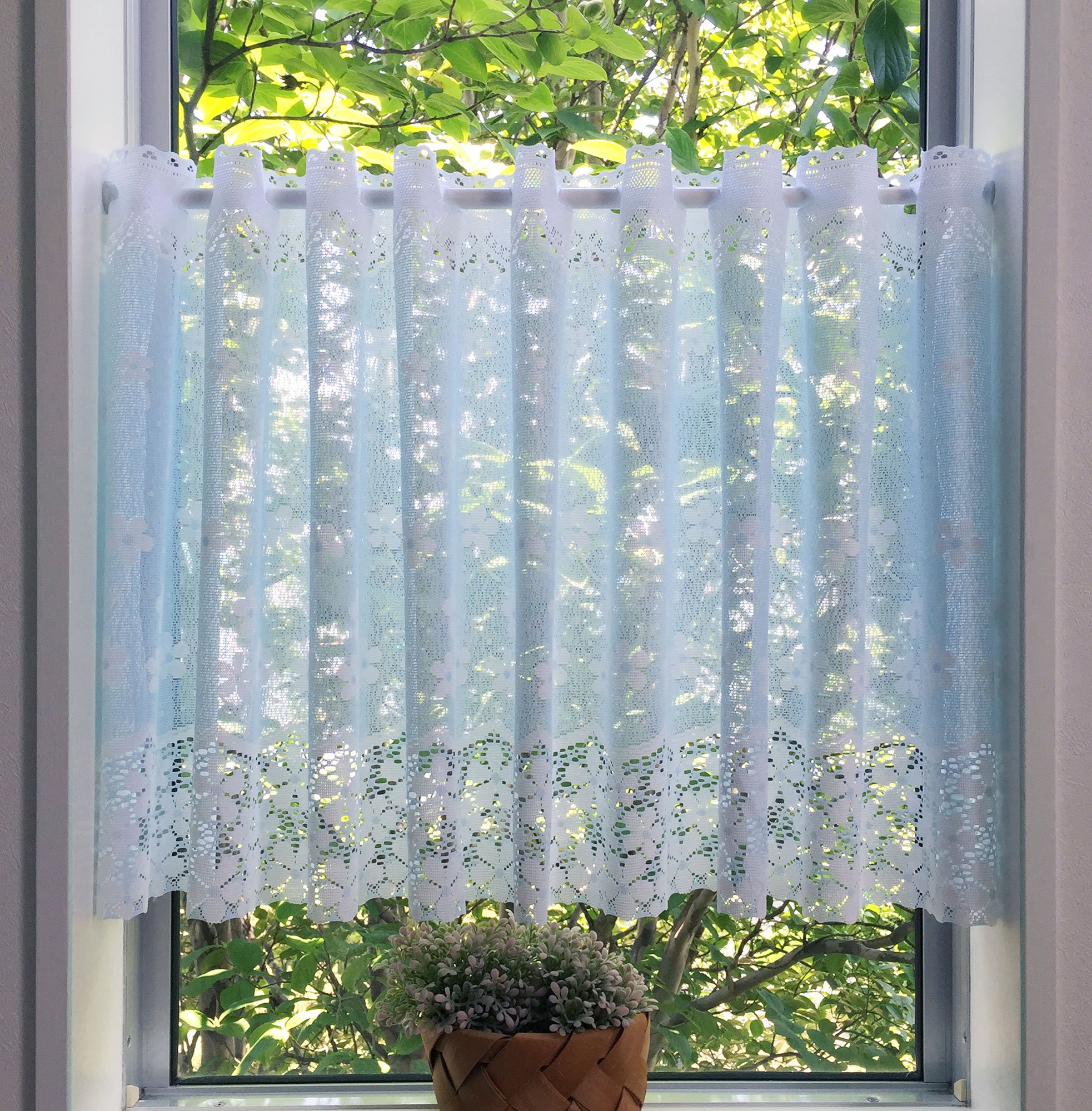 まい様 特注品×3枚♥カフェカーテン 青系 グレージュブルー 花柄コットンレース Amazon｜SunnyDayFabric カフェカーテン フラワーリバー レース ブルー