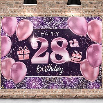 Happy 28th Birthday Banner Backdrop - 28 Birthday Party Decorations Supplies for Women - Pink Purple Gold 4 x 6ft