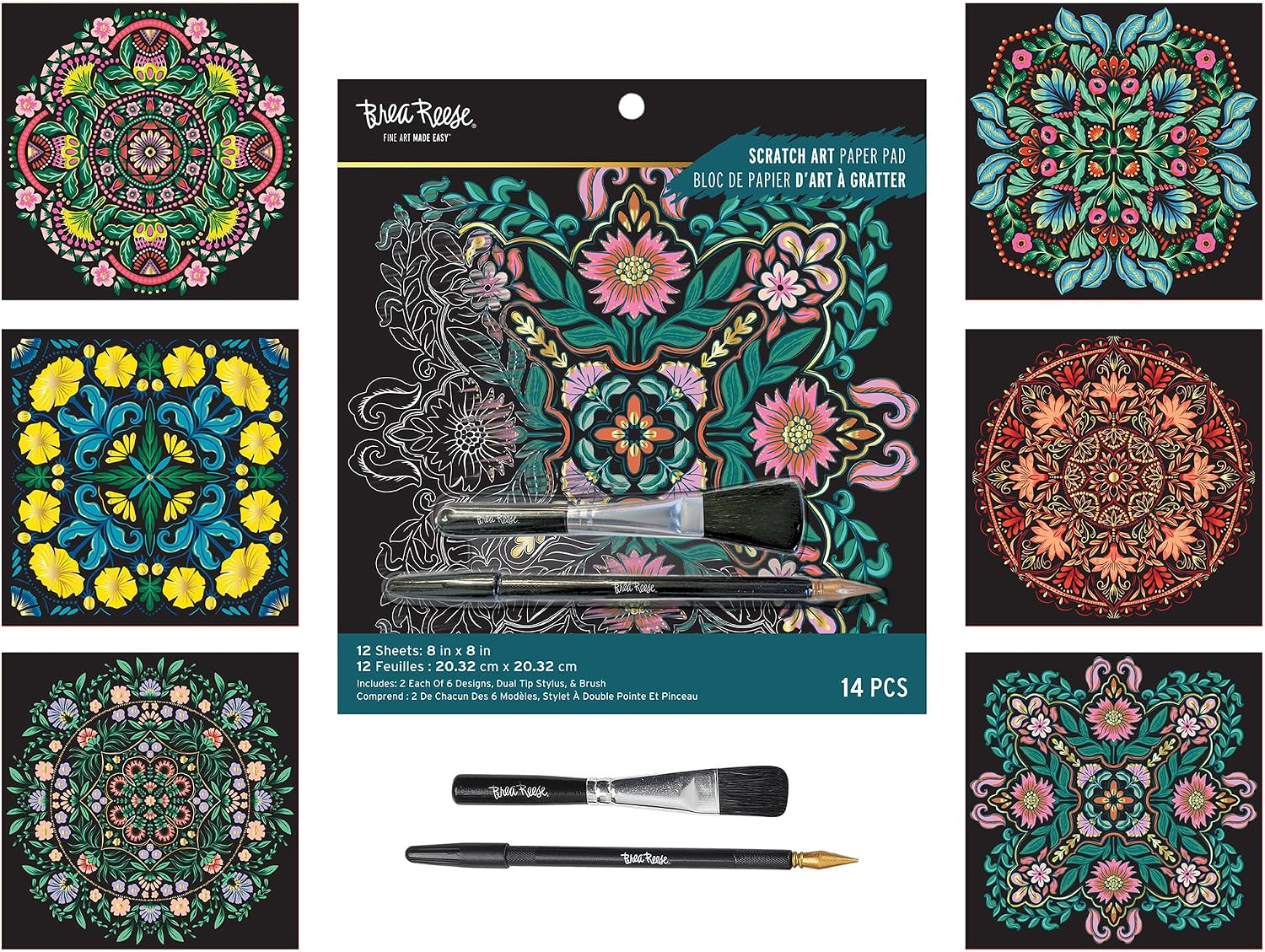 Momenta Brea Reese: Scratch Art Paper Pad Mandala 8x8, 6 Intricate Designs, 12 Sheets, Metallic Shimmer, Mindful Relaxation