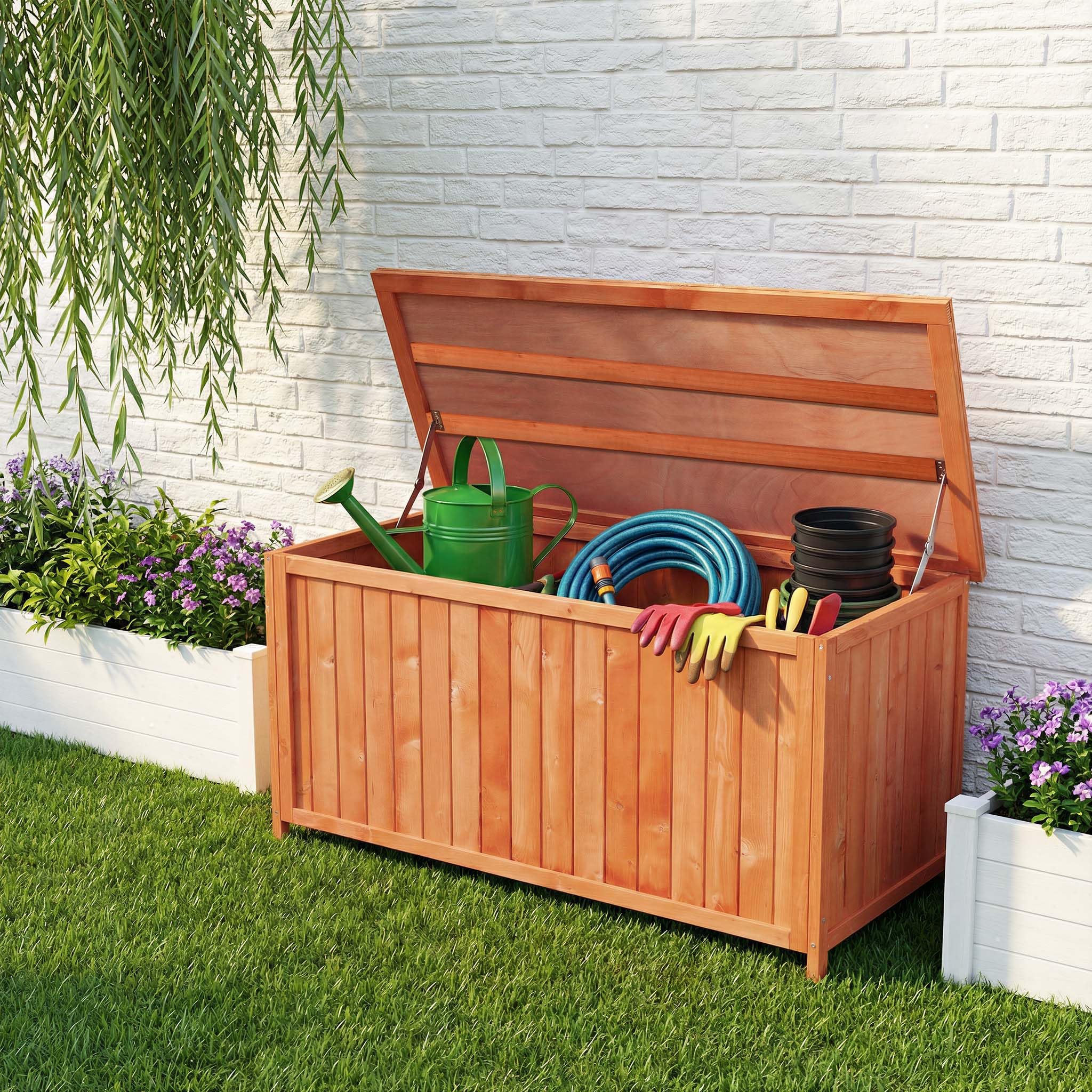 Wiltec Gartenbox aus Holz 127 x 55 x 60 cm Aufbewharungsbox mit Deckel Gartenschrank für Geräte Spielzeug Kissenbox Auflagenbox Fichtenholz