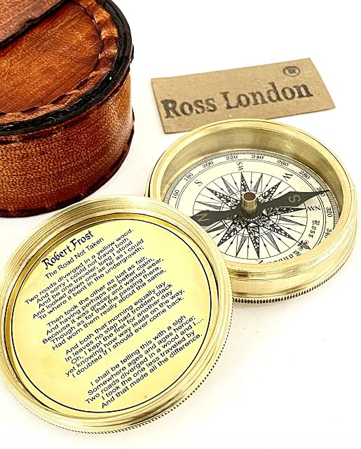 Pocket Compass with Leather BOX - Gift Compass - Direction Compass - Camping Compass - Brass Compass - Collectible Steampunk retro Gift - Robert Frost Compass