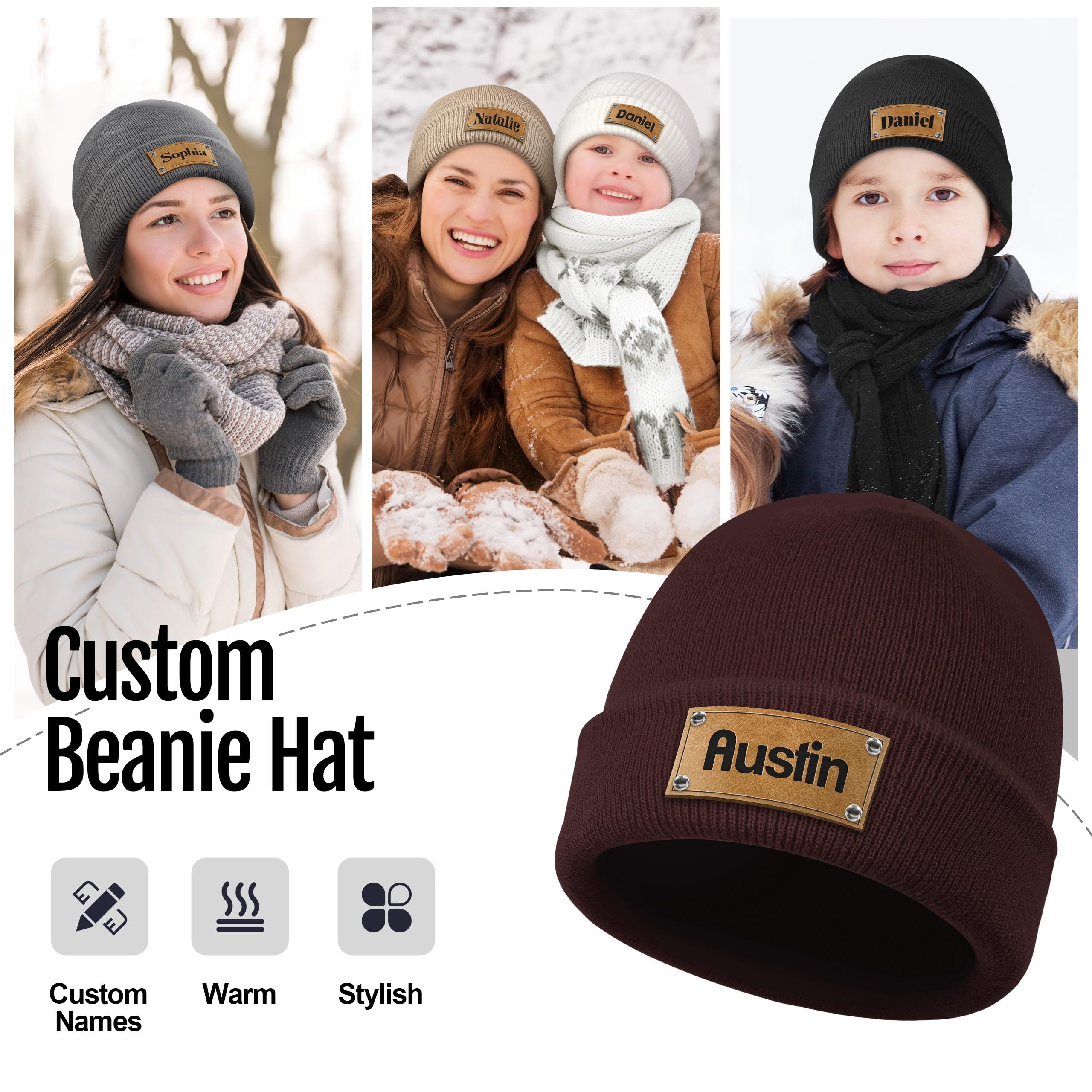 Custom Winter Knit Beanies | Personalized Leather Patch Hats | Matching Hats for Family | Warm Knit Caps for Kids, Teenagers and Adults | Coffer Coffee