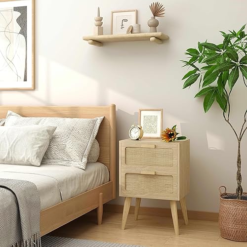 Miniatura 9 de Mesita de noche de ratán, mesita de noche bohemia con almacenamiento, mesa auxiliar, mesa auxiliar con 2 cajones decorados de ratán hechos a mano