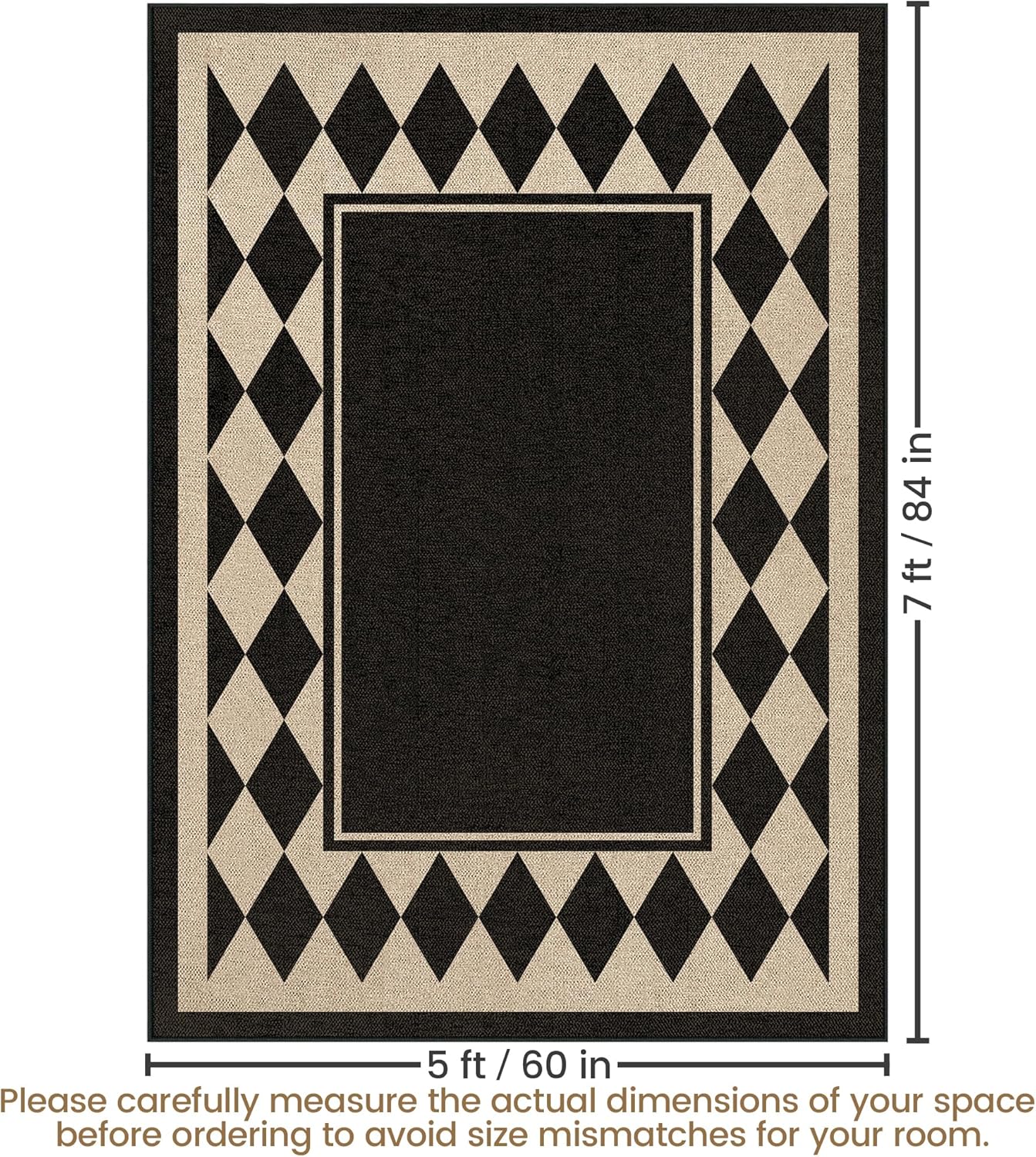 Washable Checkered Easy Jute Rug 5x7, Black Checkerboard Geometric Modern Outdoor Indoor Patio Large Bordered Rug, Woven Thin Carpet for Living Dining Play Room Bedroom Classroom Kids Nursery