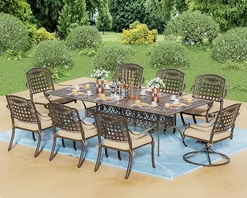 9 Pieces Outdoor Dining Set Cast Aluminum Patio Dining Set for 8, 86.6" Rectangular Table and 2 Swivel Grid Chairs and 6 Grid Chairs, Patio Funiture Set for Backyard, Patio, Garden